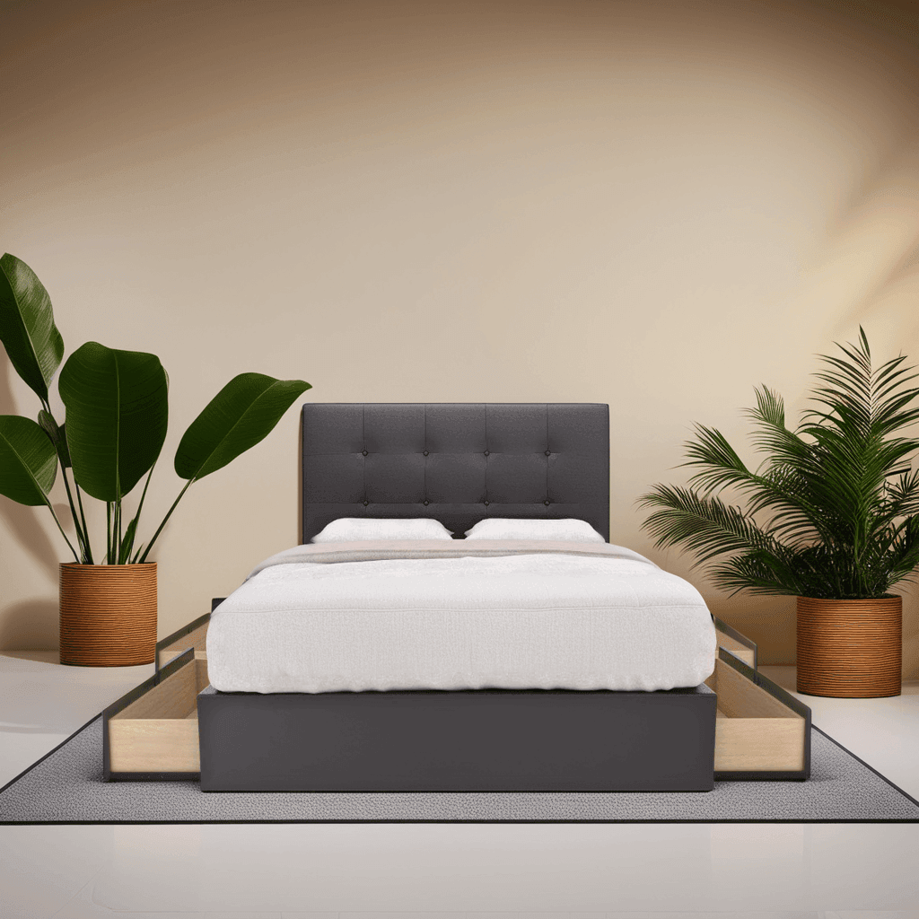 Ellie Faux Leather Drawer Bed Frame - Queen Size Storage Platform Bed with Upholstered Headboard, Modern Bedroom Furniture for Small Spaces (Perfect for Apartments, Dorms & Guest Rooms)
