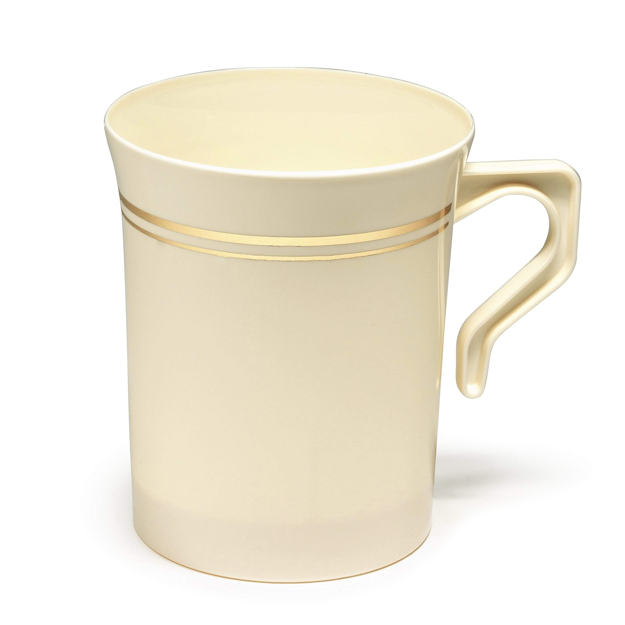 40-Pack Heavyweight Disposable Plastic Coffee Cups - 8 oz Wedding Party Mugs with Handles for Tea, Cappuccino & Espresso (Ivory & Gold Rim) - Perfect for Bridal Showers, Baby Showers & Catering Events