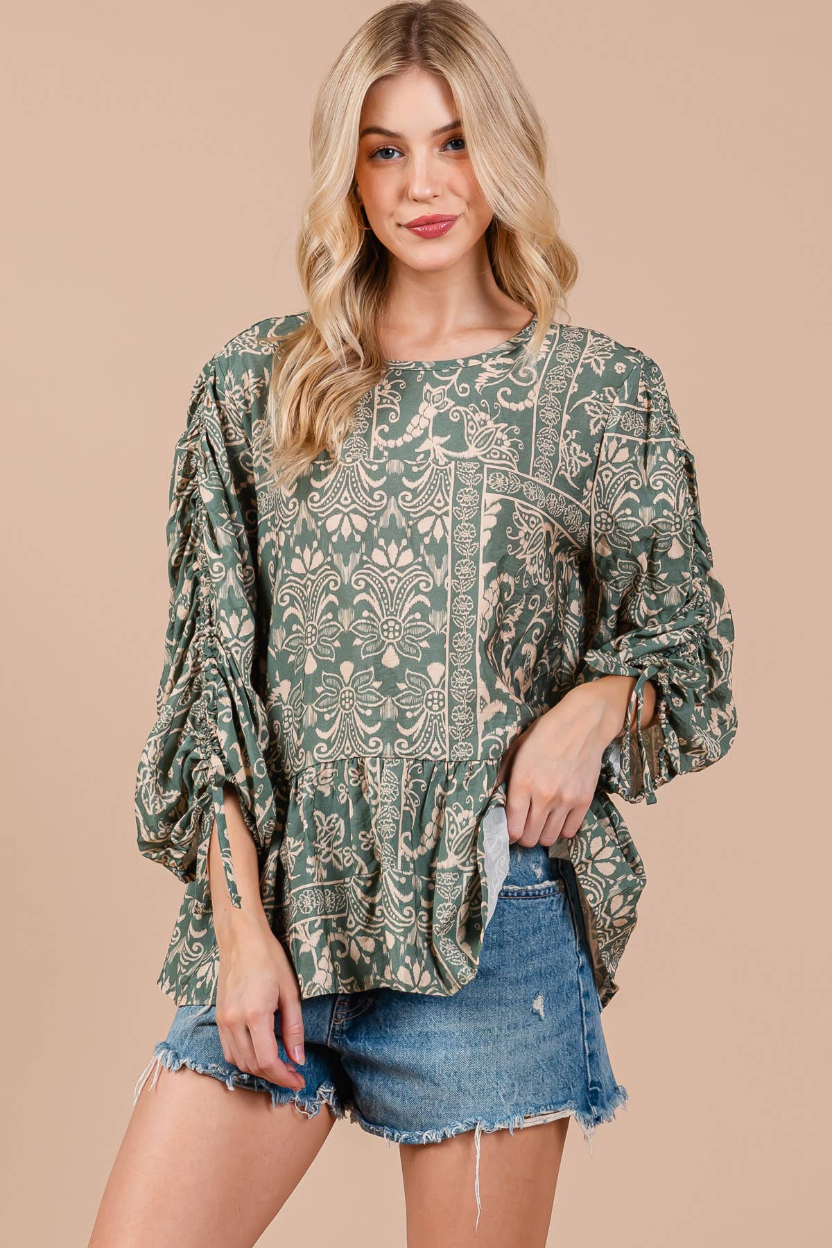 Boho Abstract Quarter Sleeve Top for Women - Sage Green Flowy Blouse in Sizes S M L XL - Perfect for Casual Outings, Music Festivals & Beach Vacations
