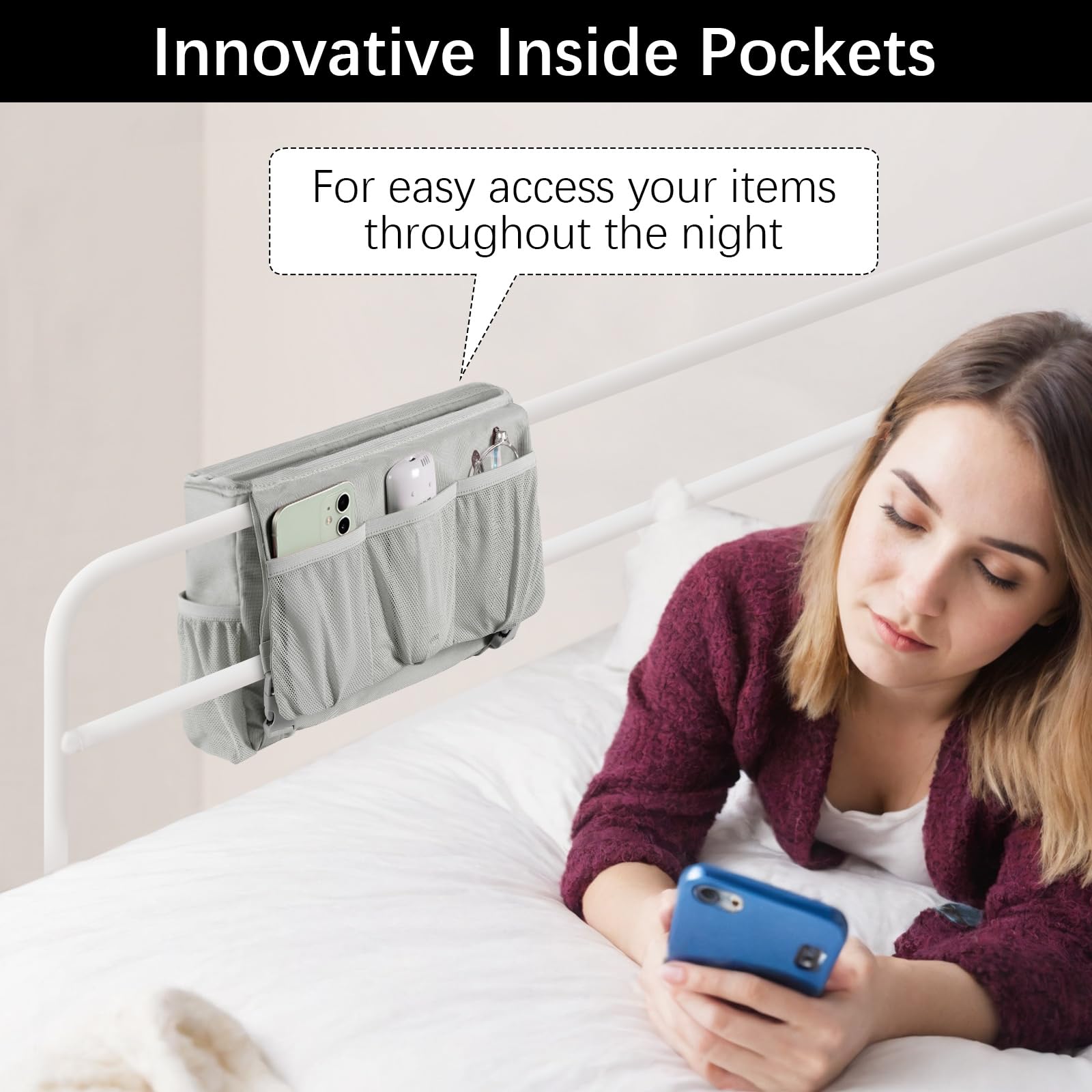 WOMACO Adjustable Bedside Storage Organizer - Light Mica Gray Hanging Basket for Bunk Beds, Loft Beds & College Dorms - Perfect for Books, Phones & Essentials - Medium Size CTB003 - Ideal for Dorm Rooms, Hospitals & Small Spaces