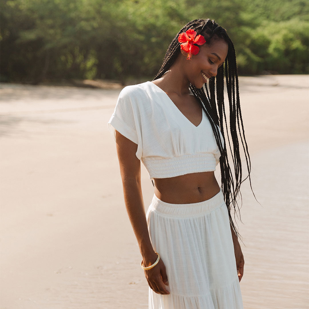 Coastal Crop Top in Cream - Women's Casual Short Sleeve Shirt for Beach, Summer Outfits & Boho Style Fashion