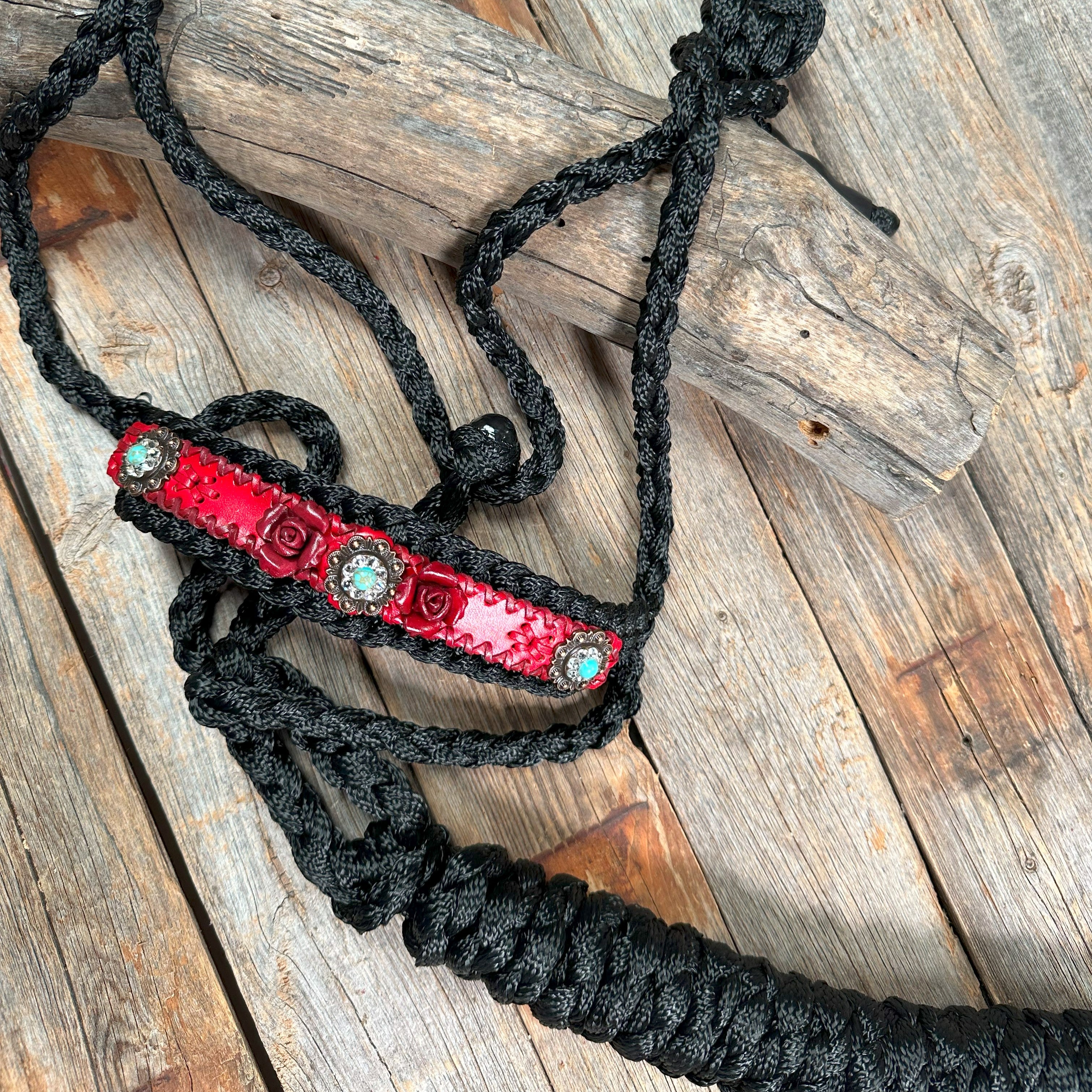 Black Mule Tape Halter with Red Rose & Turquoise Design - MT220 | Western Riding, Trail Horse Training, Show Equipment for Equestrian Sports