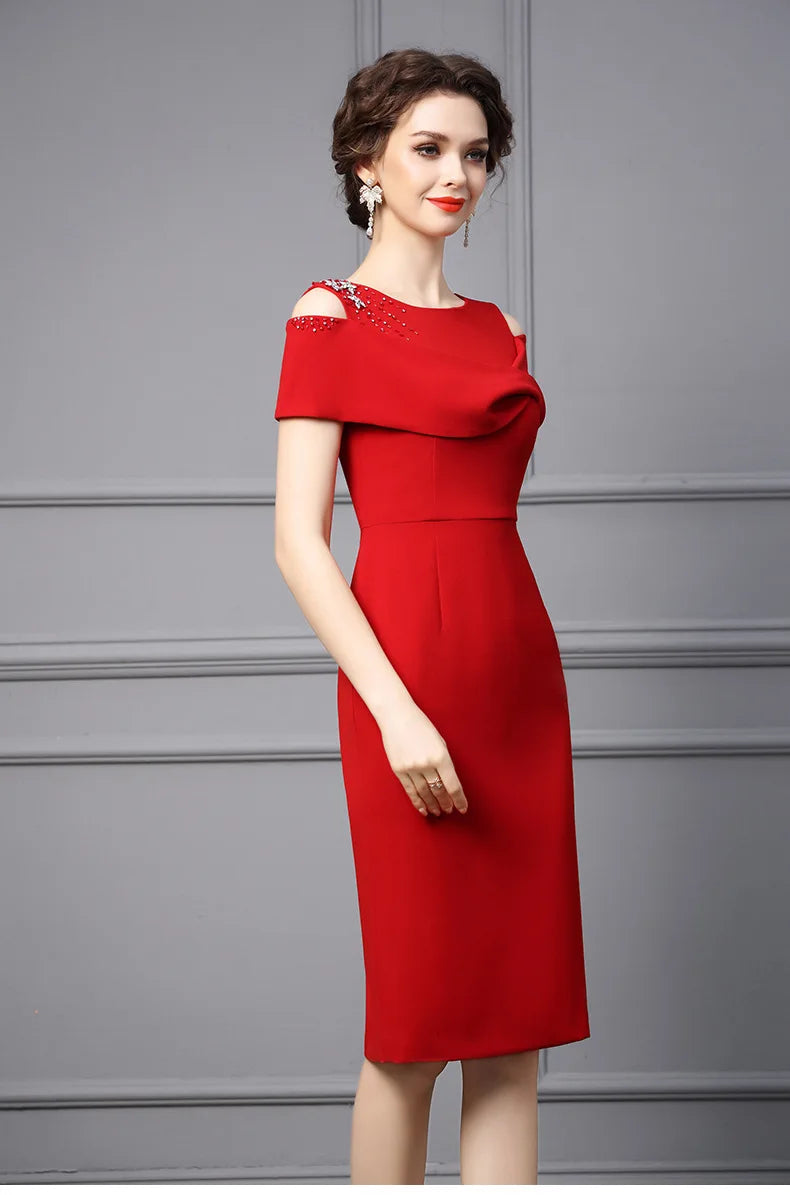 Elegant Red Beaded Diamond Party Dresses for Women - Luxury Off Shoulder Prom Gown, Summer Cocktail Dress for Evening Events, Weddings & Special Occasions