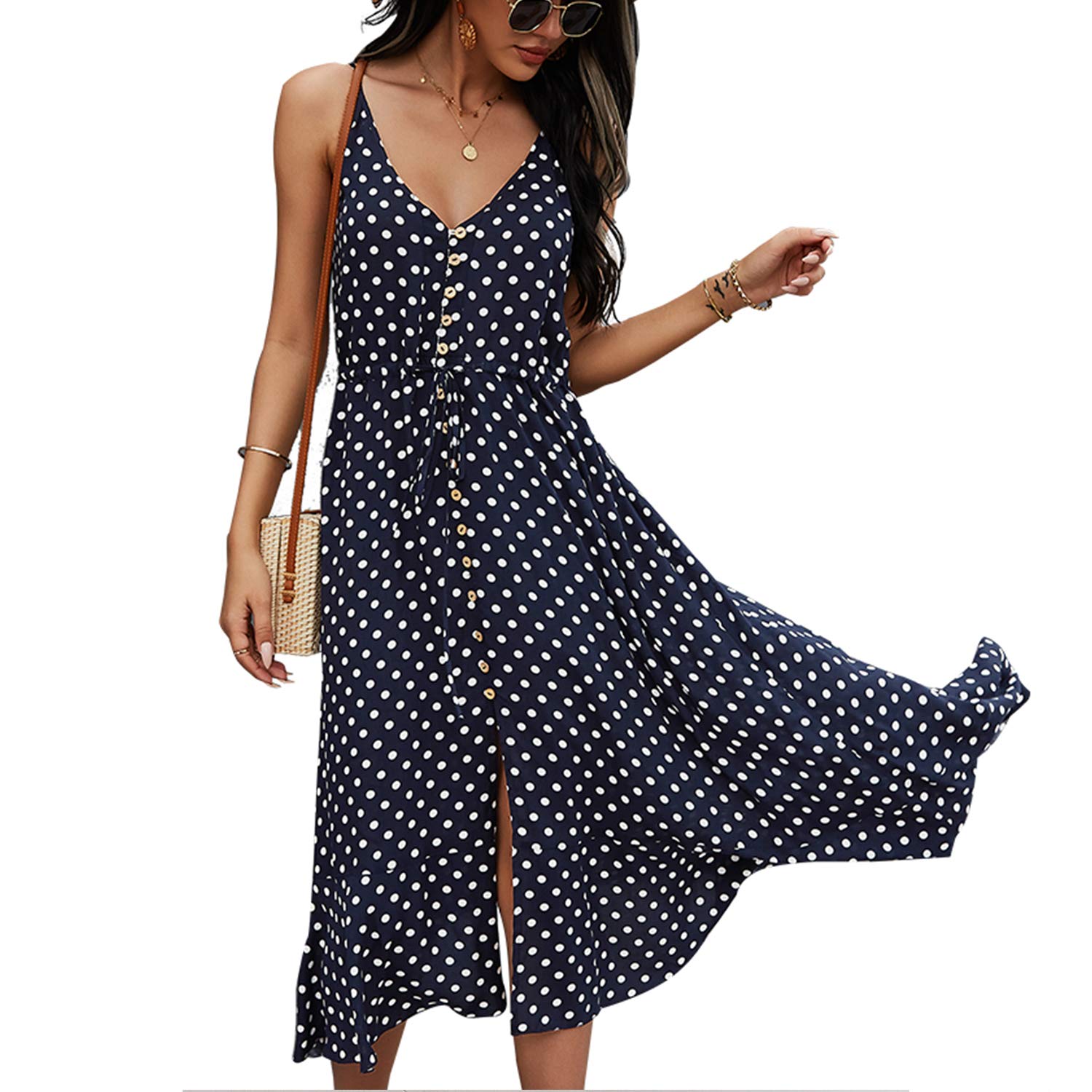BROVAVE Women's 2025 Summer Casual Boho Sundress - Polka Dot Spaghetti Strap V-Neck Flowy Midi Dress for Beach, Vacation & Outdoor Parties