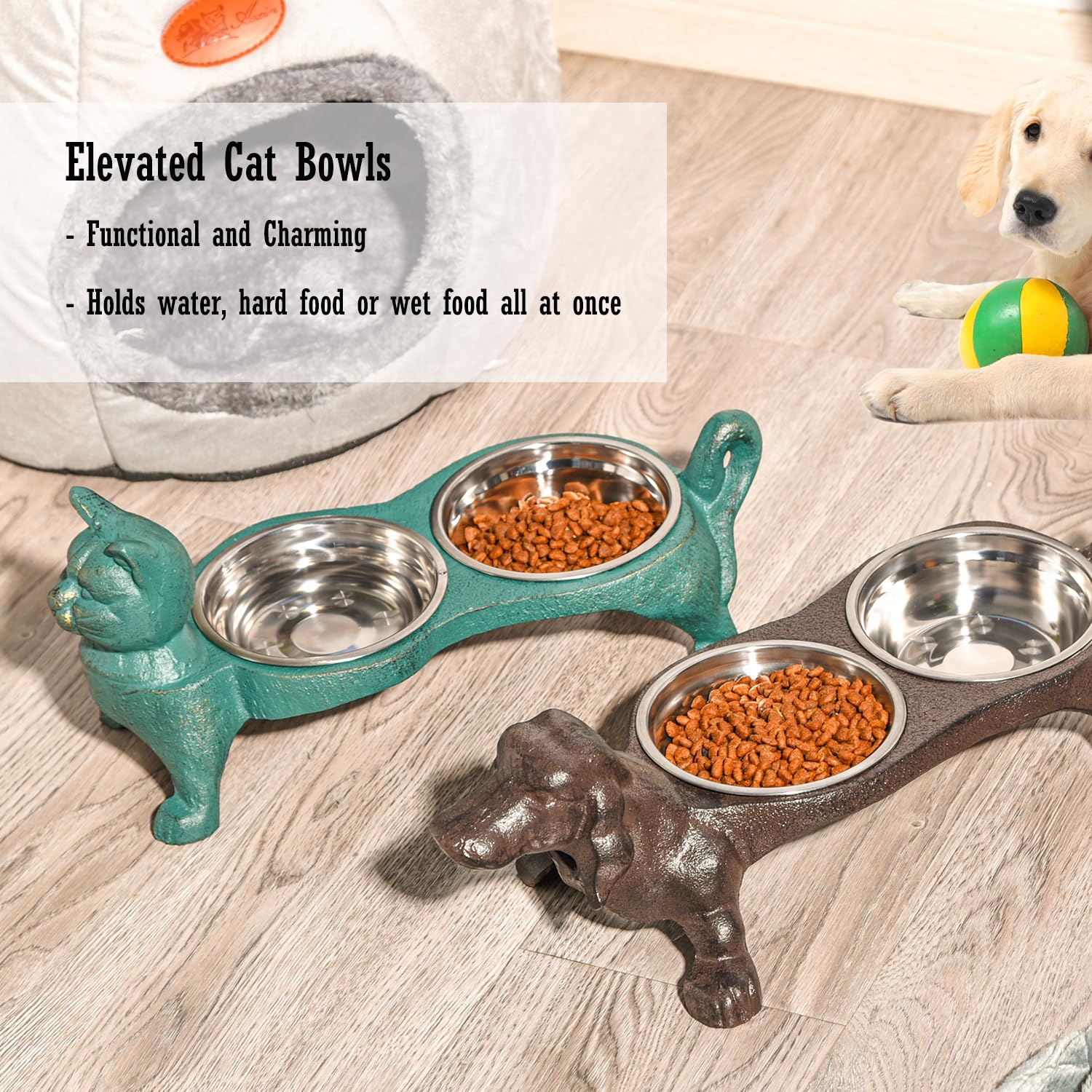 Sungmor Raised Cat Bowls - Heavy Duty Non-Slip Cast Iron Stand with 2 Stainless Steel Pet Food & Water Dishes - Elevated Feeder for Cats & Small Dogs - Perfect for Home, Kitchen, or Outdoor Use - 15.2x6.7x5.9 Inch
