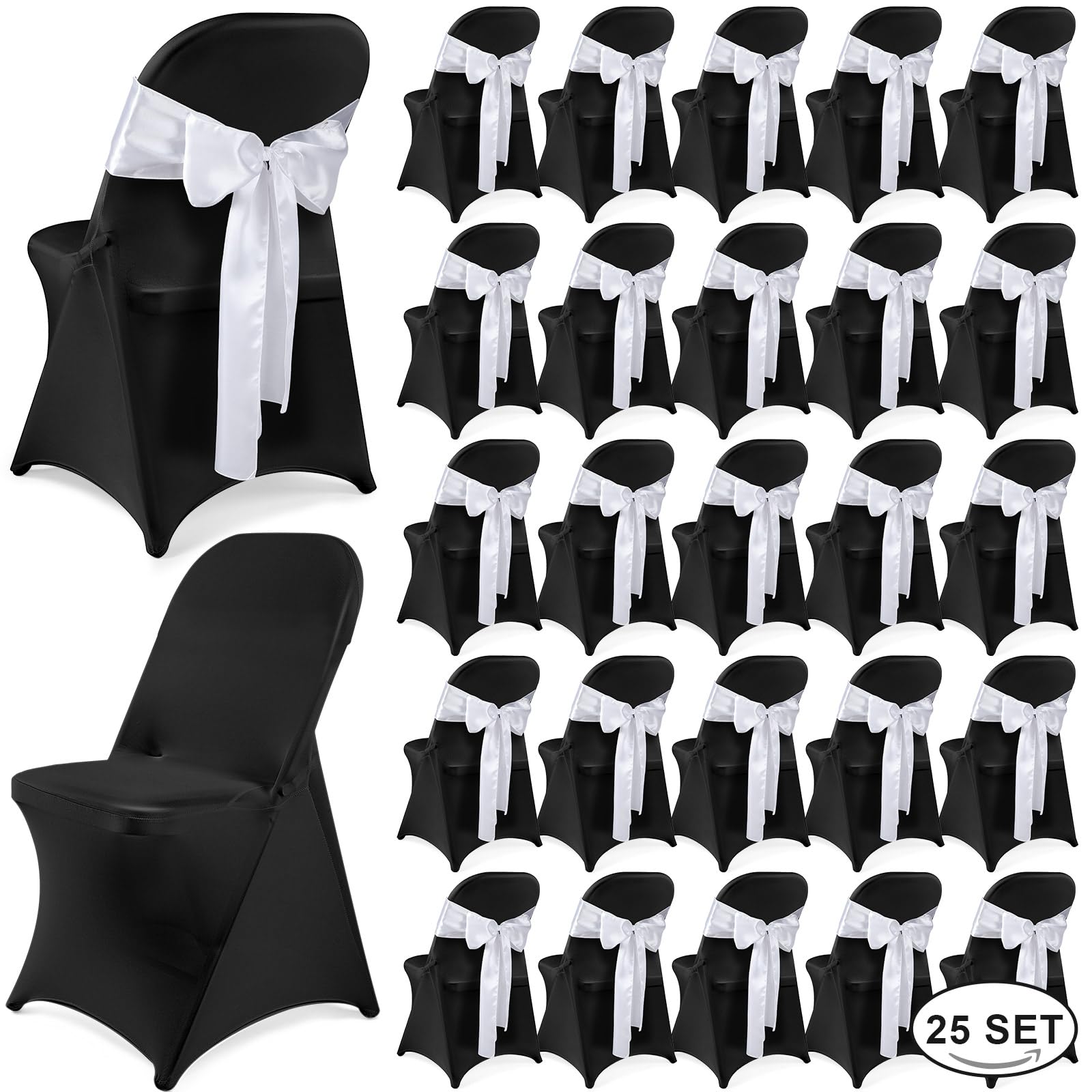 50 Pcs Stretch Spandex Chair Covers with Satin Sashes - Washable Slipcovers for Wedding, Banquet & Party Decor - Black & White Set - Perfect for Indoor/Outdoor Events, Bridal Showers & Formal Occasions