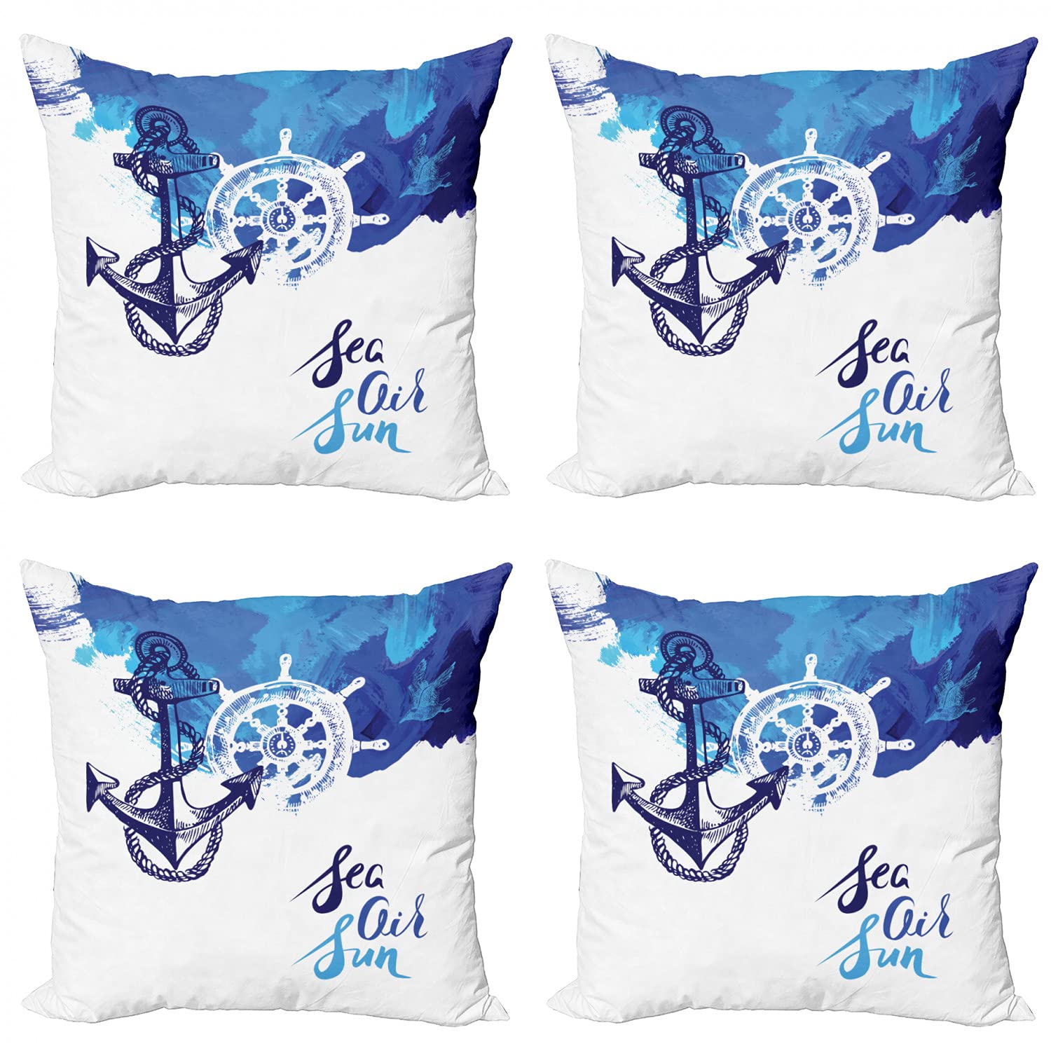 Ambesonne Nautical Throw Pillow Cover Set of 4 - 16 Inch Blue and White Ocean Theme Cushion Covers with Wind Rose & Rudder Design, Double-Sided Digital Print for Living Room, Bedroom, or Boat Decor