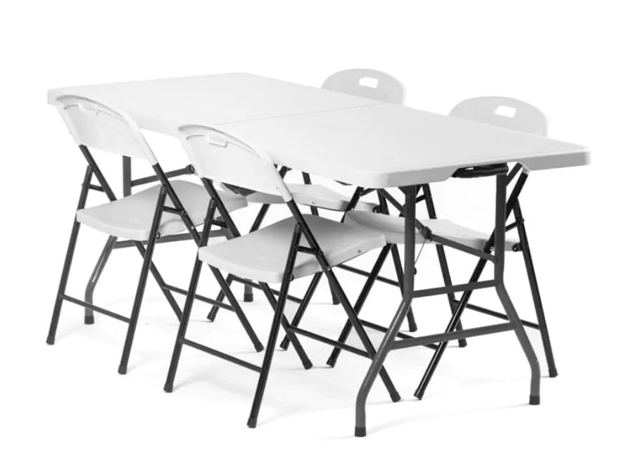 6 Ft Portable Outdoor Folding Table and Chairs Set with Built-in Wheels - Durable White & Black Plastic for Picnics, Camping & Backyard BBQs