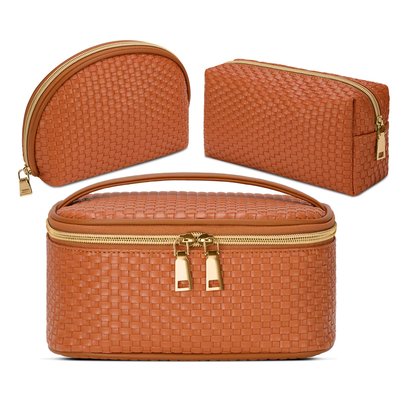 KTMOUW 3-Piece Waterproof Makeup Bag Set - Portable Travel Cosmetic Organizer with Multifunctional Storage | Perfect for Women's Toiletries, Cosmetics & Travel Essentials (Brown, Woven Design) | Ideal for Travel, Gym, Daily Use & Gift Giving