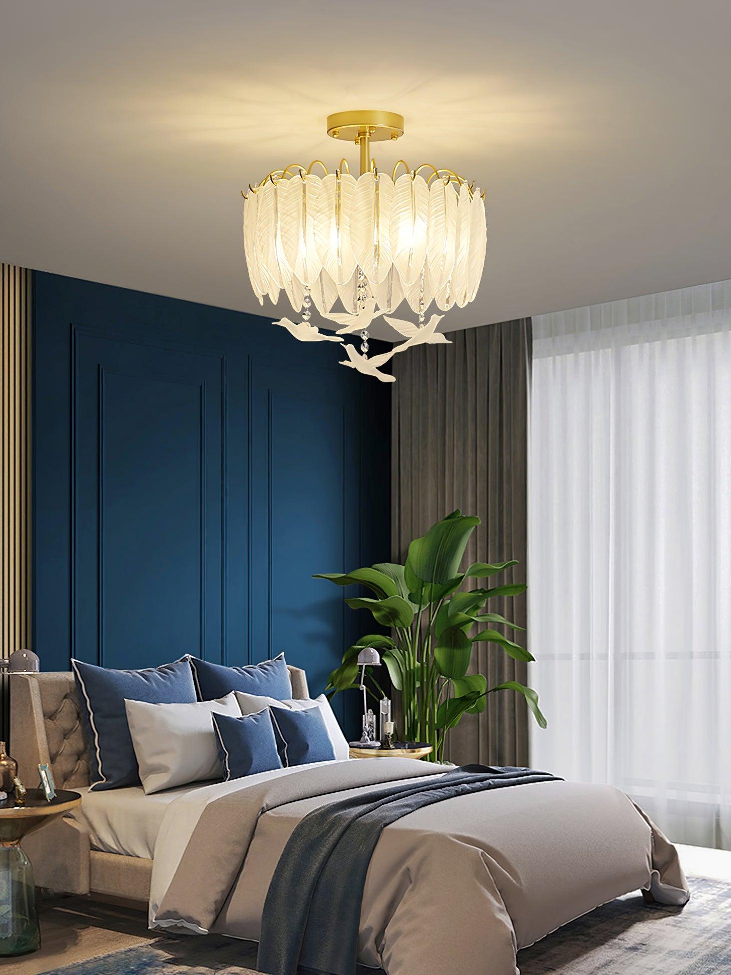 Elegant Glass Feather Ceiling Light Fixture - Modern Crystal Chandelier for Living Room, Bedroom & Dining Room Decor - Perfect for Home, Hotel and Wedding Venue Lighting