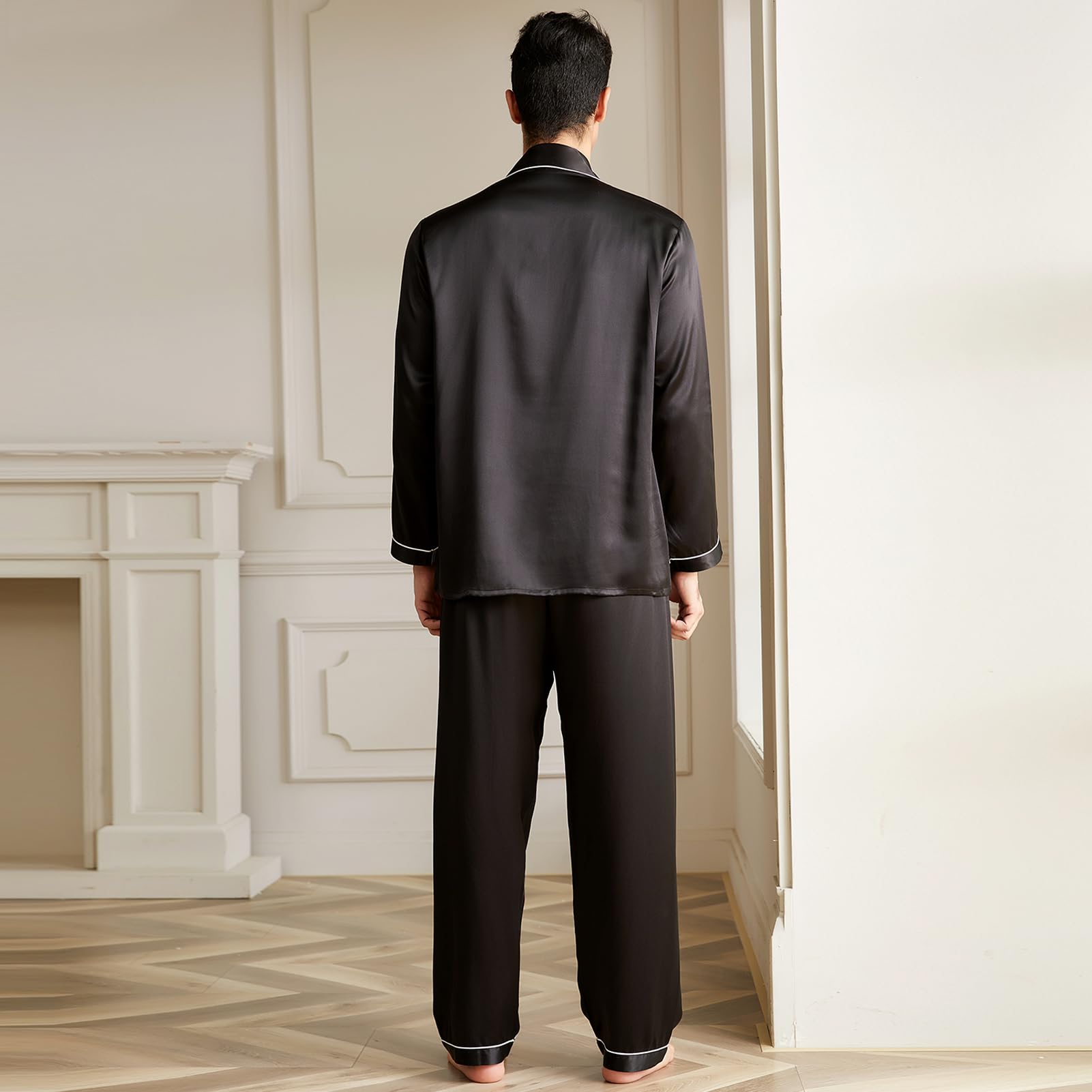 Luxury 19 Momme Mulberry Silk Pajama Set for Men - 2 Piece Long Sleeve Silk Pajamas, Lightweight & Breathable for Sleep, Lounge & Travel