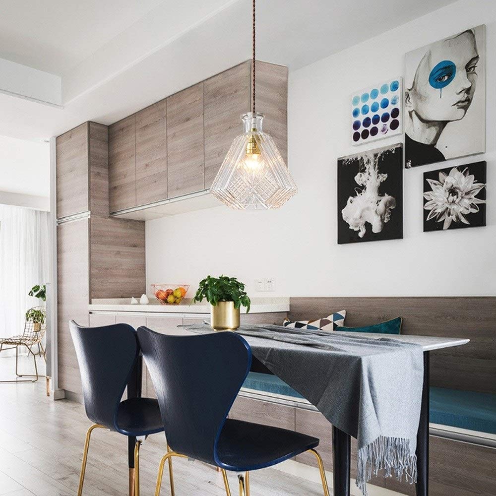 Modern LED Chandelier Lamp - Nordic Style Glass Pendant Light with E27 Socket, Transparent Carved Glass Shade for Ceiling Lighting - Perfect for Restaurant, Office, Bedroom, and Dining Room Decor