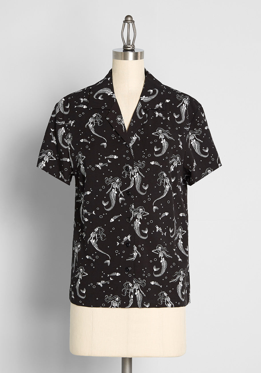 Mermaid Afterlife Button Up Shirt - Stylish Floral Print Blouse for Women, Perfect for Beach Vacations, Music Festivals & Boho Fashion Outfits