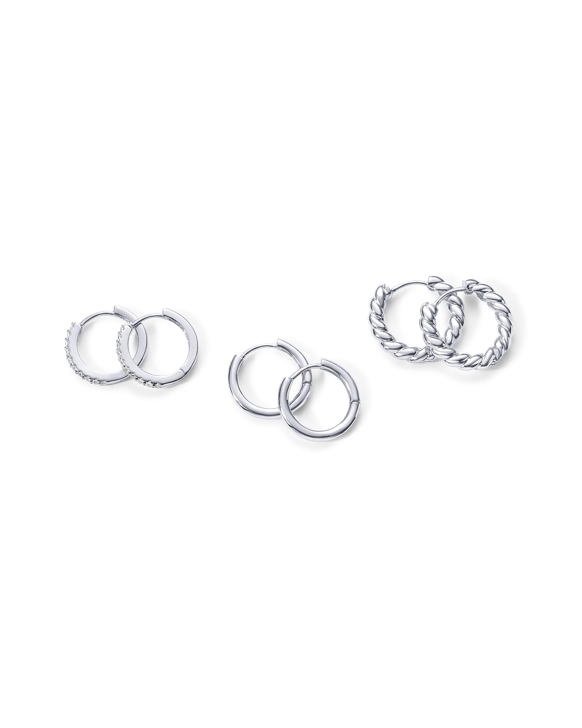 14K-18K Gold Plated Sterling Silver Small Hoop Earrings for Women - 3 Pairs Cubic Zirconia Rope Teardrop Huggie Earrings Set | Elegant Everyday Wear, Party Jewelry & Gift for Her