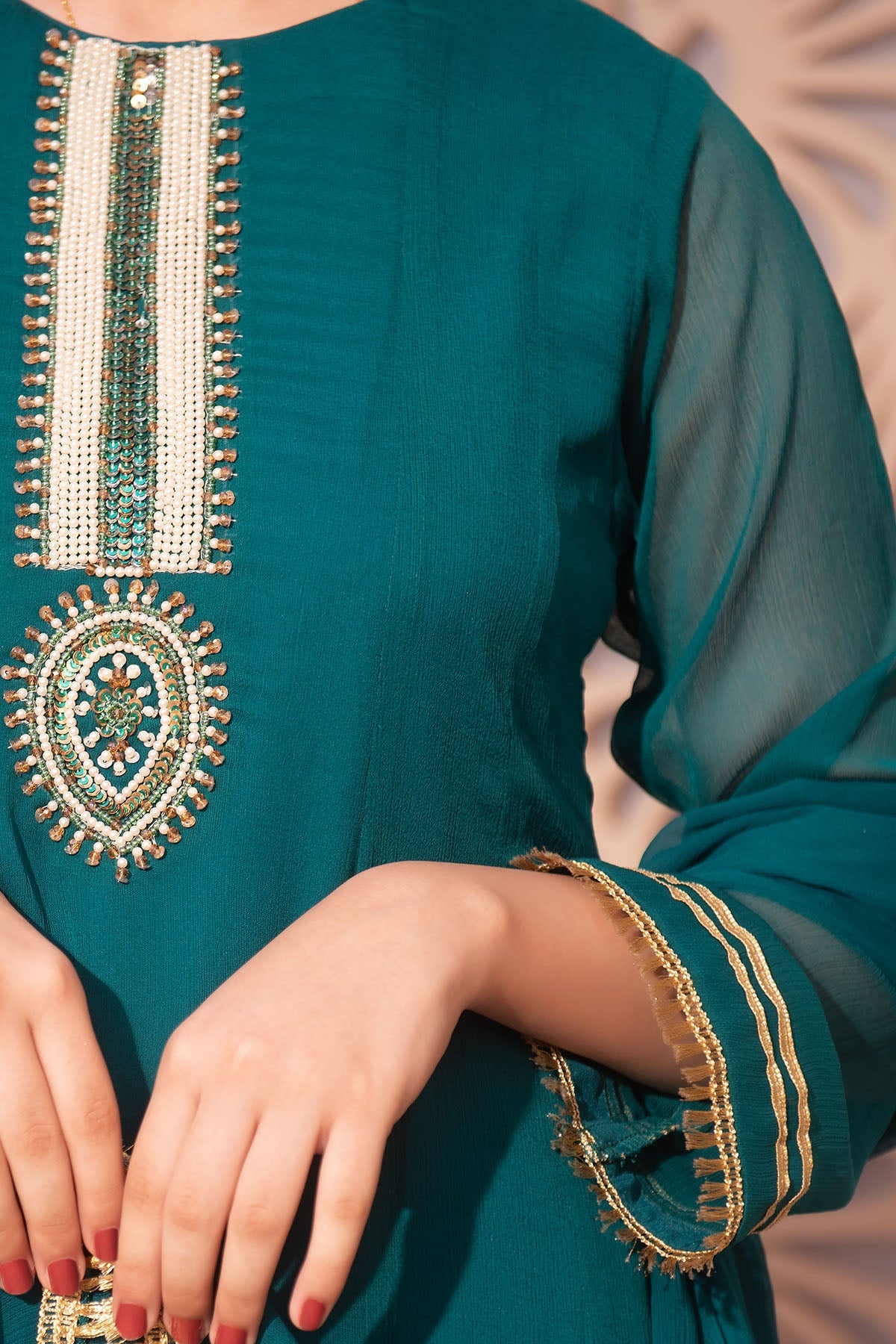 Emerald Green Chiffon Hand Embroidered Suit with Ochre Stitching - Perfect for Weddings, Parties & Special Occasions