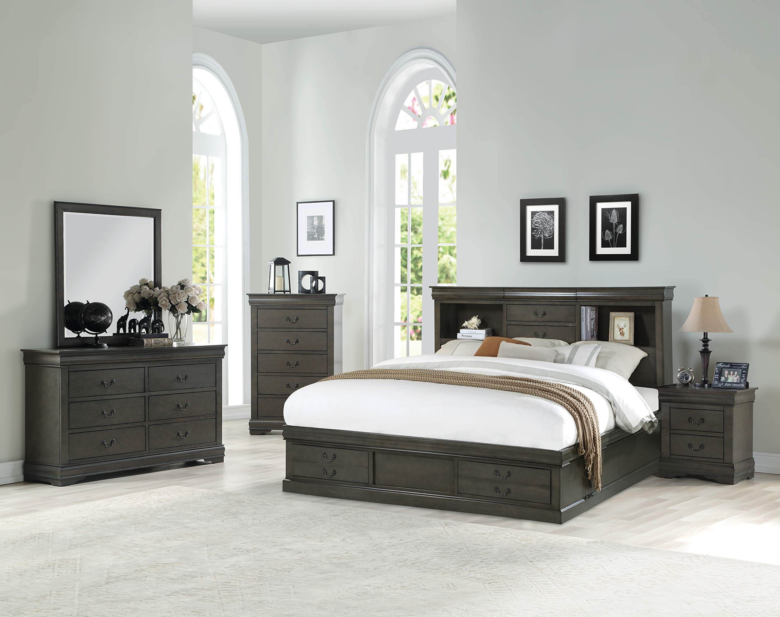 HABITRIO Solid Wood Queen Bed Frame with Storage - Headboard with 3 Hidden Drawers & 2 Bookshelves, Footboard with 2 Storage Drawers - No Box Spring Needed, Dark Gray - Perfect for Small Bedrooms & Guest Rooms with Extra Storage Needs