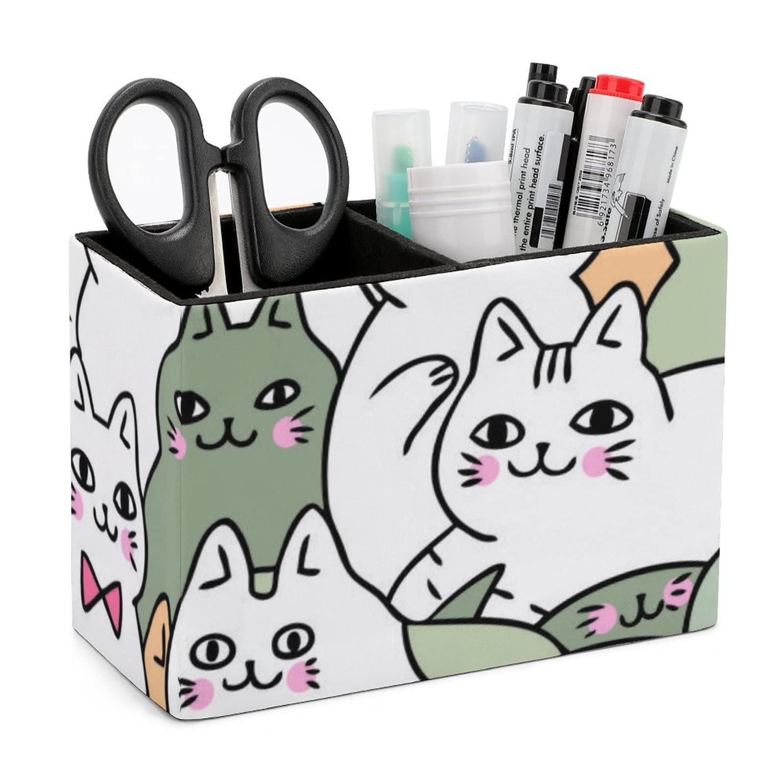 Cartoon Doodle Cats Pen Holder - Stylish Leather Desk Organizer for Pencils, Pens & Makeup Brushes | Perfect for Office, School & College Workspaces