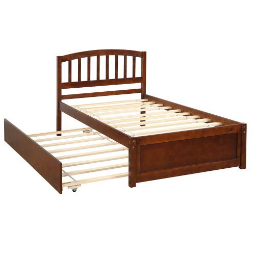 Twin Size Wooden Platform Bed Frame with Trundle Drawer - Solid Walnut Finish | Space-Saving Storage Solution for Small Bedrooms, Guest Rooms & Kids Rooms