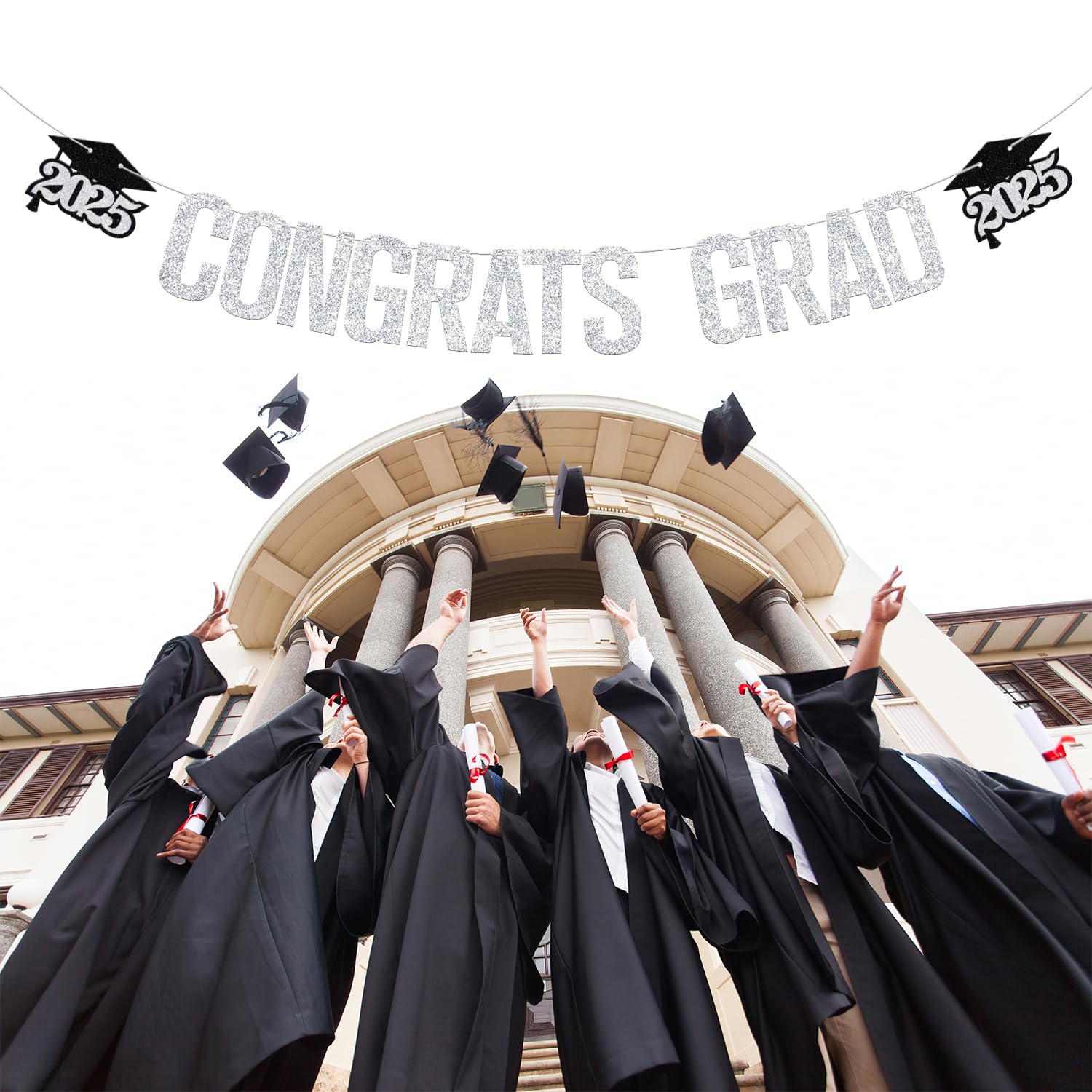 2025 Graduation Banner - Silver Glitter Congrats Grad Sign for Class of 2025 Decorations | Perfect for Graduation Parties, School Events & Photo Backdrops