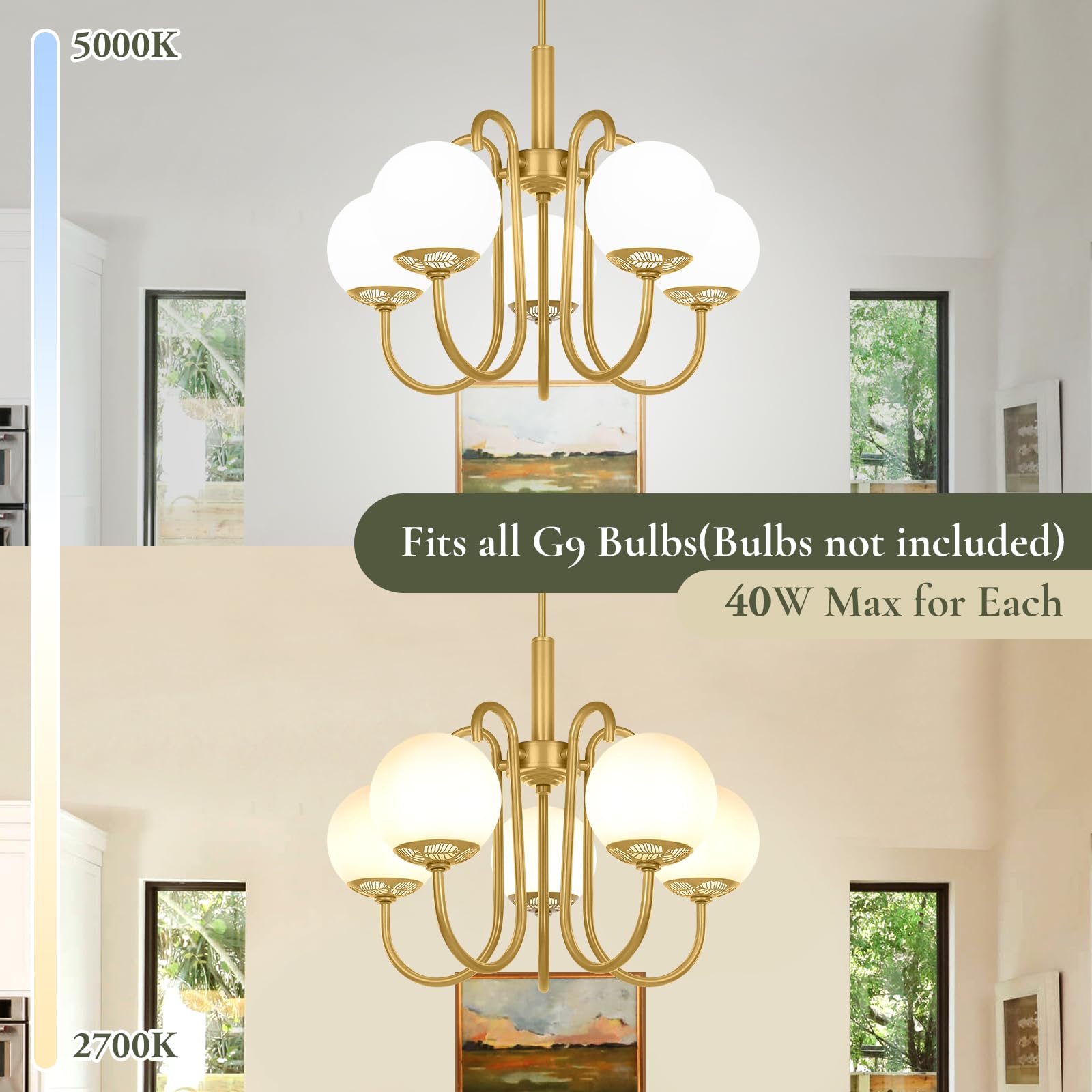 BesLowe Gold Chandelier - 5-Light Mid Century Modern Brass Chandelier for Dining Room, Kitchen Island & Living Room | Adjustable Height Globe Ceiling Light Fixture | Perfect for Entryway, Foyer & Home Decor