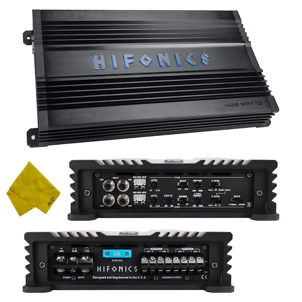 Hifonics 4 Channel 1400W Car Amplifier - Class A/B Gemini Series Multichannel Amp, 2 Ohm Stable with Bass Boost & MOSFET Power for Car Audio, Subwoofer & Speakers | Perfect for Car Sound System Upgrades & Bass Enhancement