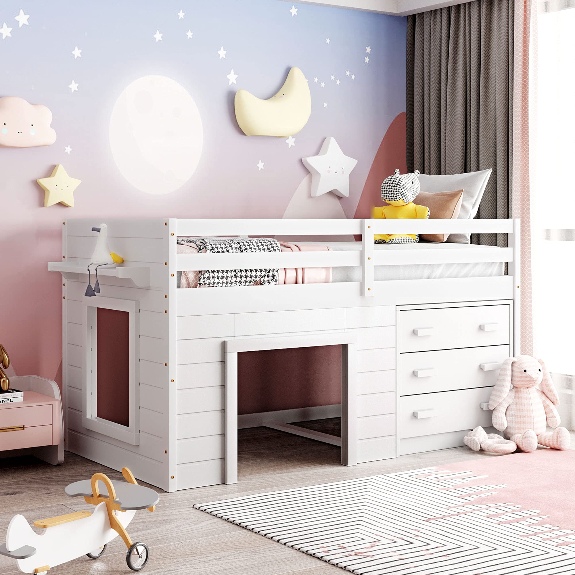 Solid Wood Twin Loft Bed with Storage Drawers, Cabinet & Shelf - Low Profile Design for Kids, Teens & Adults - No Box Spring Needed in White | Perfect for Small Bedrooms, Dorms & Space-Saving Kids' Rooms