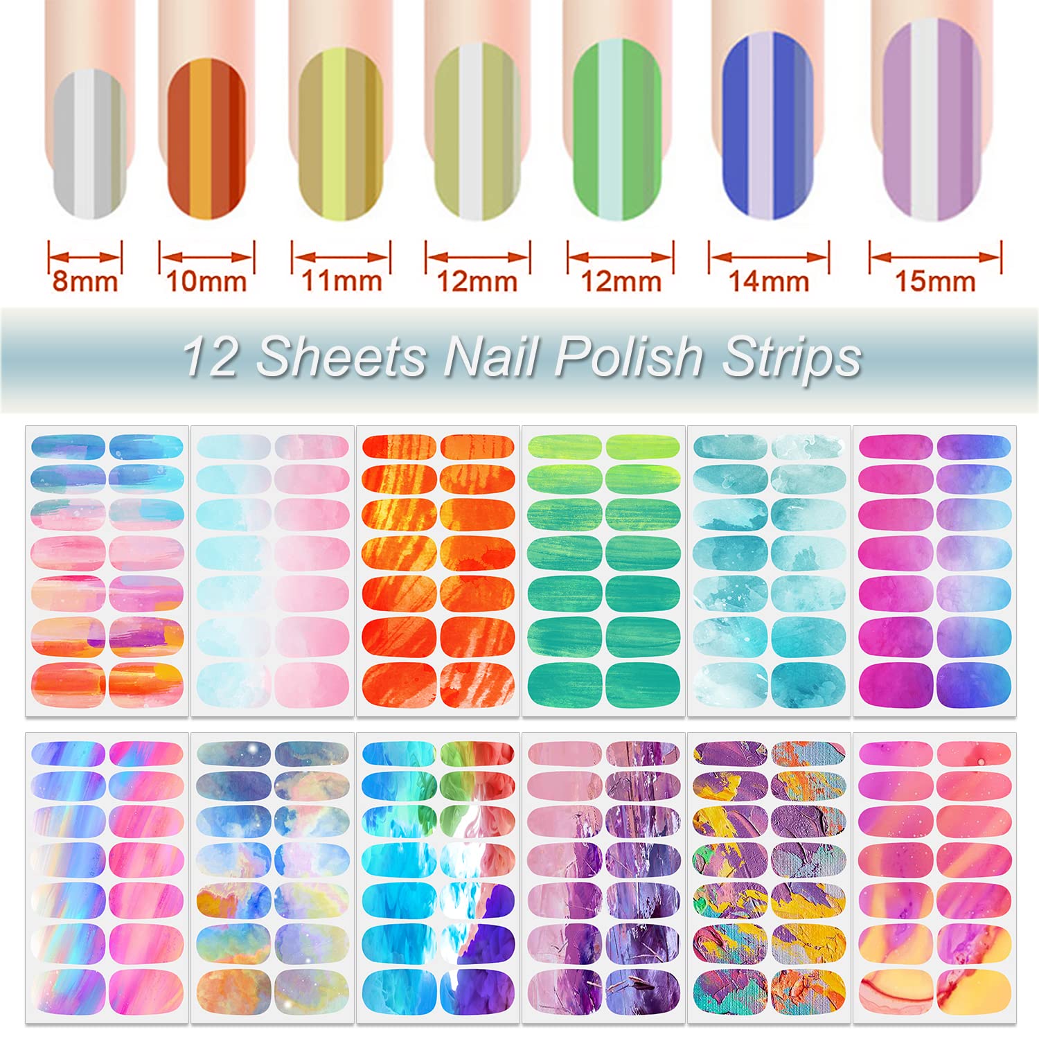 DANNEASY 12 Sheets Rainbow Nail Polish Strips - Self-Adhesive Gel Nail Wraps & Stickers for Women & Girls - DIY Nail Art Decoration for Parties, Weddings & Everyday Wear