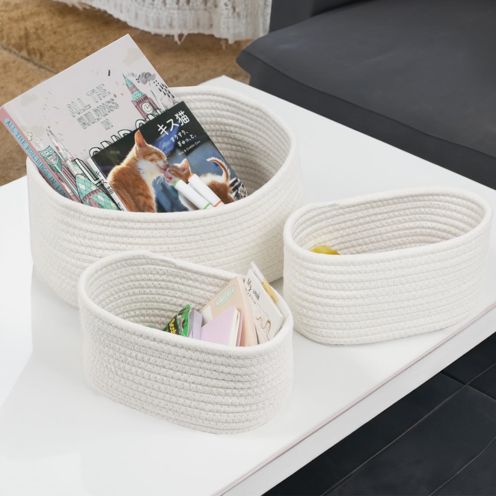 Small Cotton Rope Baskets - Set of 3 Handwoven Storage Baskets for Bathroom Organization, Shelves Decor & Baby Nursery Storage | White Woven Bins for Home, Office & Gift Giving