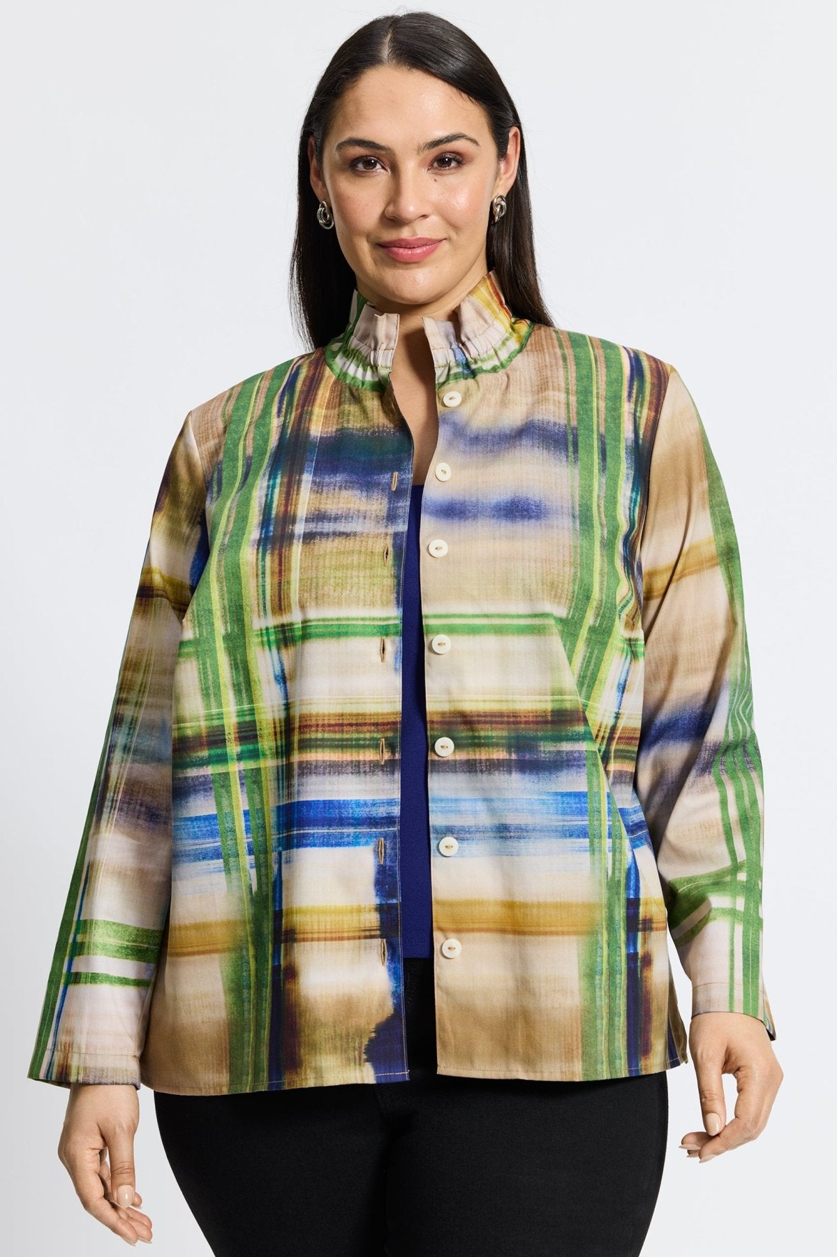 Carolina Plus Painterly Plaid Long Sleeve Shirt Jacket for Women - Stylish Flannel Overshirt with Button Front - Perfect for Fall Layering, Outdoor Adventures & Casual Office Wear