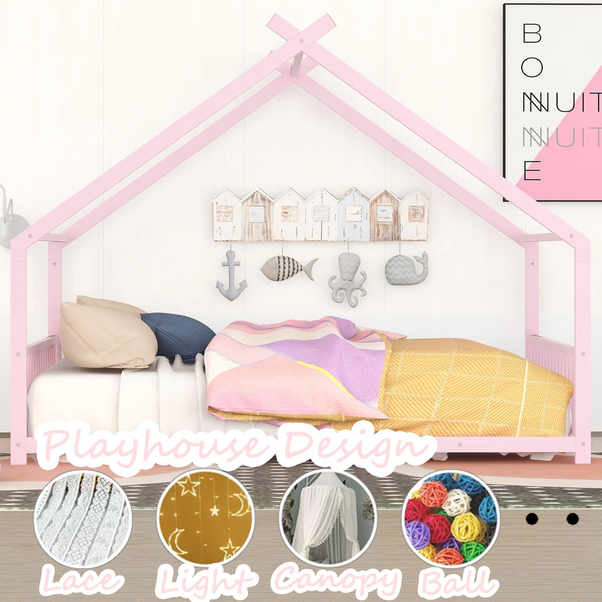 Montessori Full Size Floor Bed Frame with Headboard & Slats - Kids House Bed for Boys & Girls (Pink) | Safe Toddler Bedroom Furniture for Montessori Learning & Play Areas