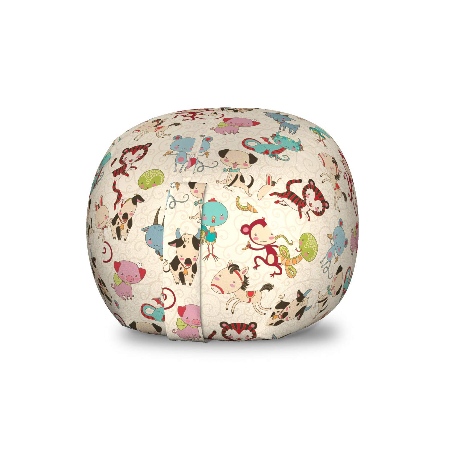Ambesonne Chinese Zodiac Animal Storage Toy Bag Chair - Funny Doodle Design with Goat, Monkey, Dog Patterns - Washable Stuffed Animal Organizer for Kids Room - Perfect for Playroom Storage & Birthday Gifts