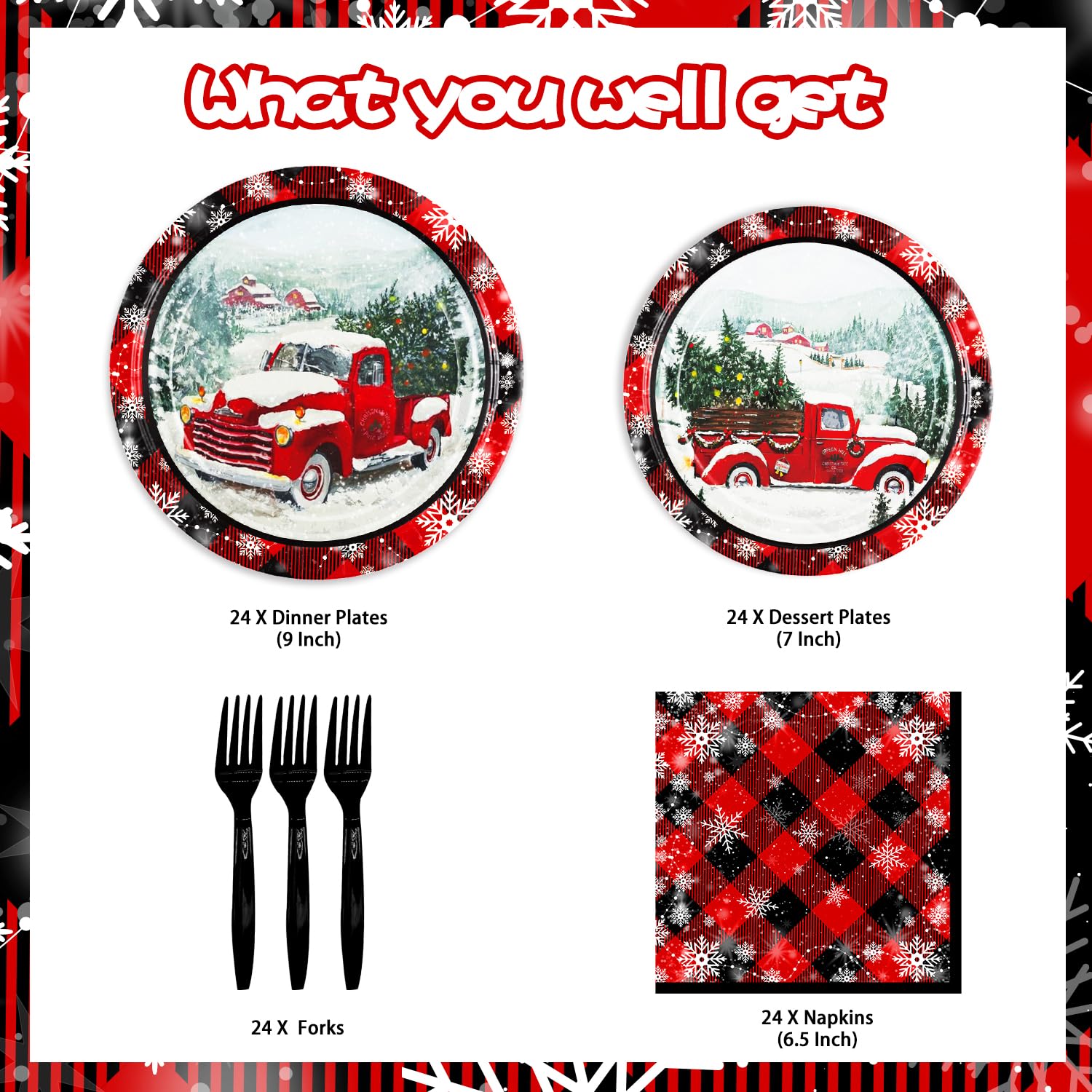 96 Pcs Buffalo Plaid Christmas Paper Plates & Napkins Set - Disposable Xmas Tableware with Plastic Forks for Holiday Parties, Dinner, Family Gatherings - Serves 24 Guests