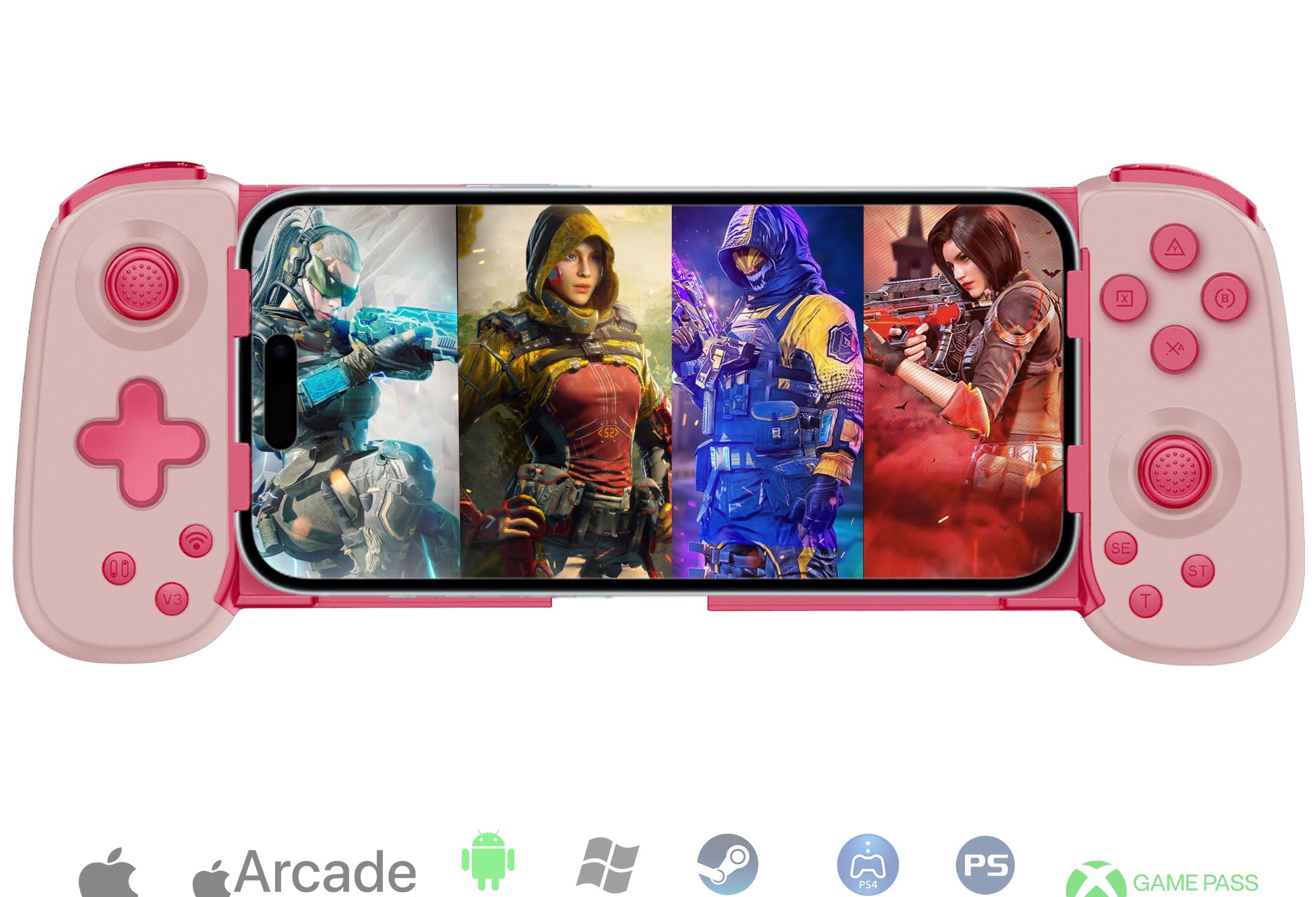 Wireless Gamepad for iPhone Android PC Switch - Play COD Genshin Diablo - Pink    (Note: I kept the core keywords 