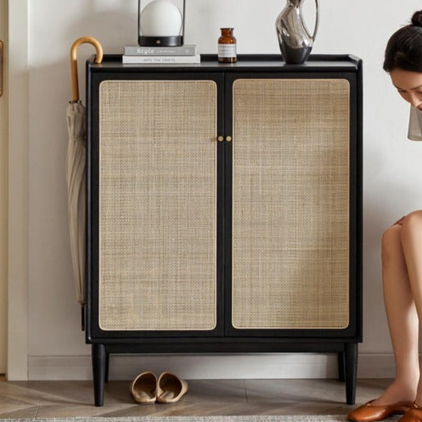 Oak Solid Wood Rattan Shoe Cabinet with Smoky Finish - Stylish Entryway Storage Organizer for Hallway, Living Room & Bedroom