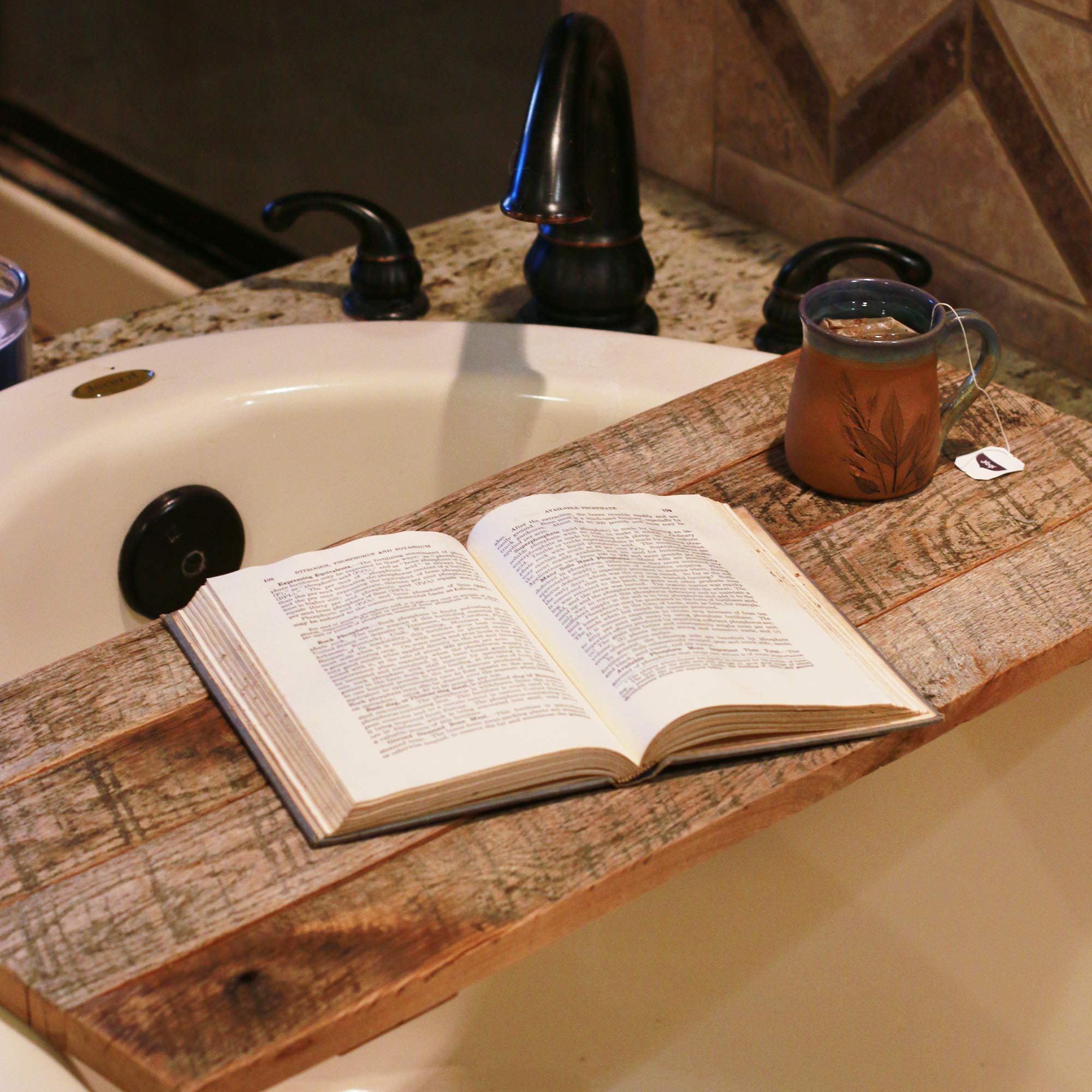 Rustic Farmhouse Bath Tray Table - Wooden Bathtub Caddy Organizer with Book Holder & Wine Glass Slot - Perfect for Relaxing Bath Time, Reading & Spa Days