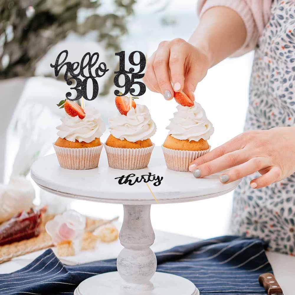 24 Pcs Black Glitter 30th Birthday Cupcake Toppers - Elegant 30th Anniversary Party Decor for Weddings, Birthdays & Celebrations - Perfect for Cake, Cupcake & Dessert Decorations