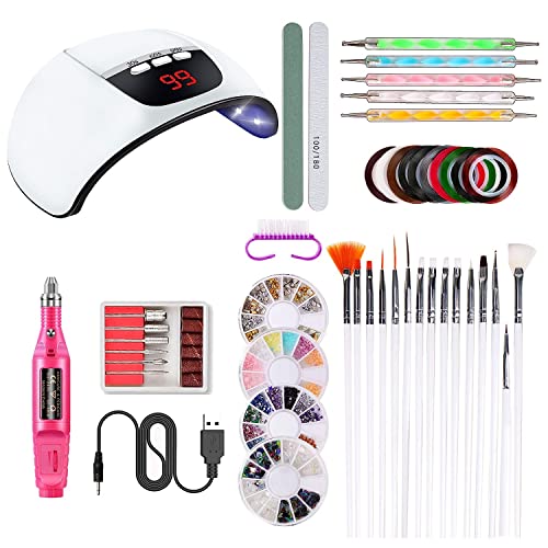 Professional Nail Art Kit with UV/LED Nail Dryer Lamp, USB Charging Nail Pen, Electric Nail Drill, Painting Brushes & Dotting Tools | Includes Manicure Tape, Color Rhinestones & Nail Decorations | Perfect for Home Salon, DIY Nail Designs & Professional Manicures