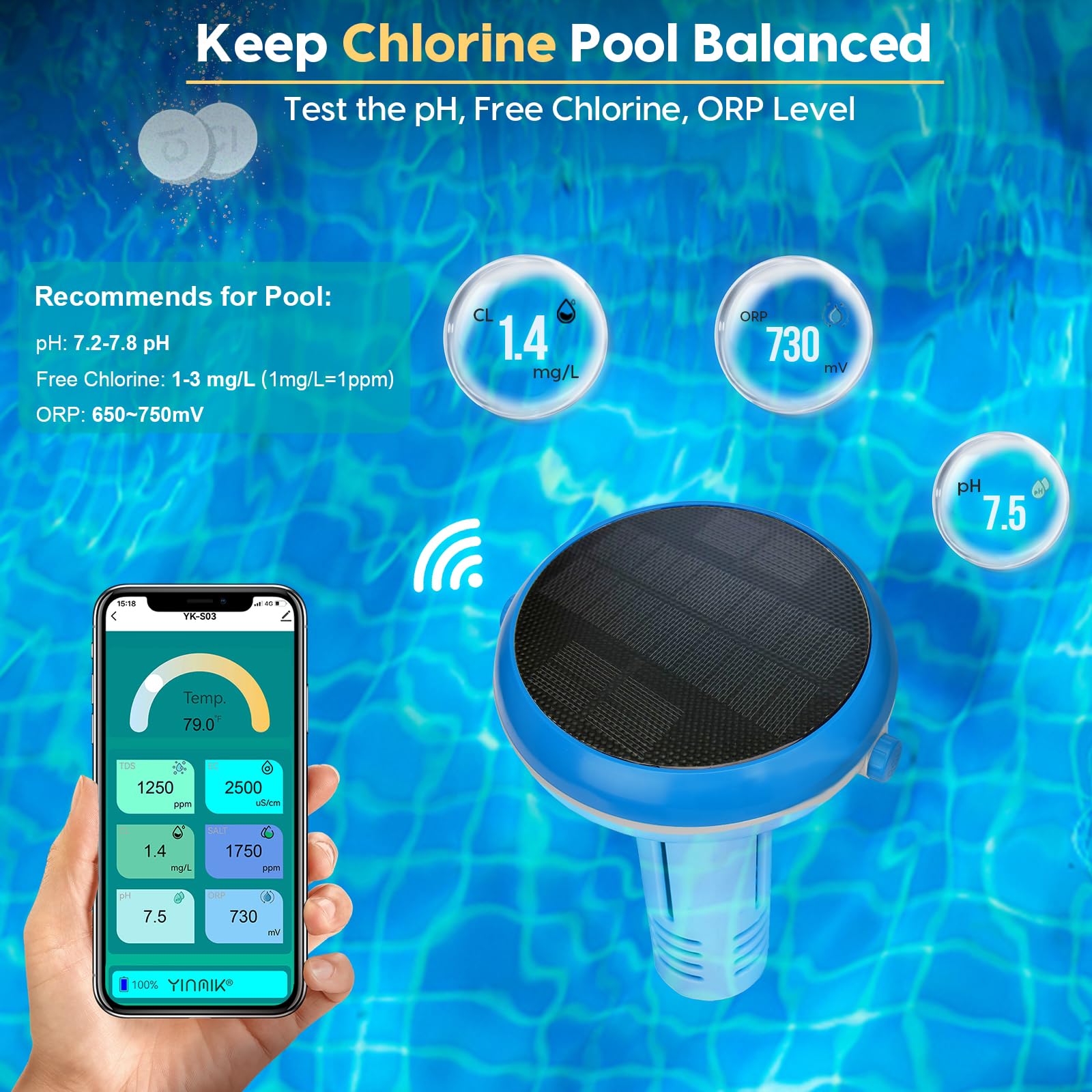 Smart 7-in-1 Pool Water Tester - Digital pH, Chlorine, Salinity, ORP, EC, TDS & Temperature Monitor for Swimming Pools, Saltwater Pools, Spas & Hot Tubs | Perfect for Inground & Above Ground Pool Maintenance