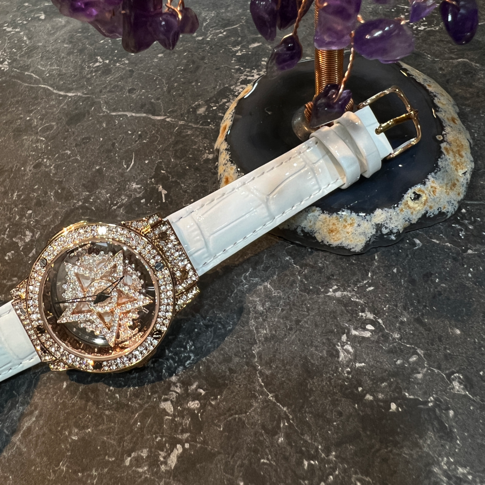 AG Collective Women's White Leather Strap Watch L 5047 RGW RG - Elegant Timepiece for Office, Party & Everyday Wear