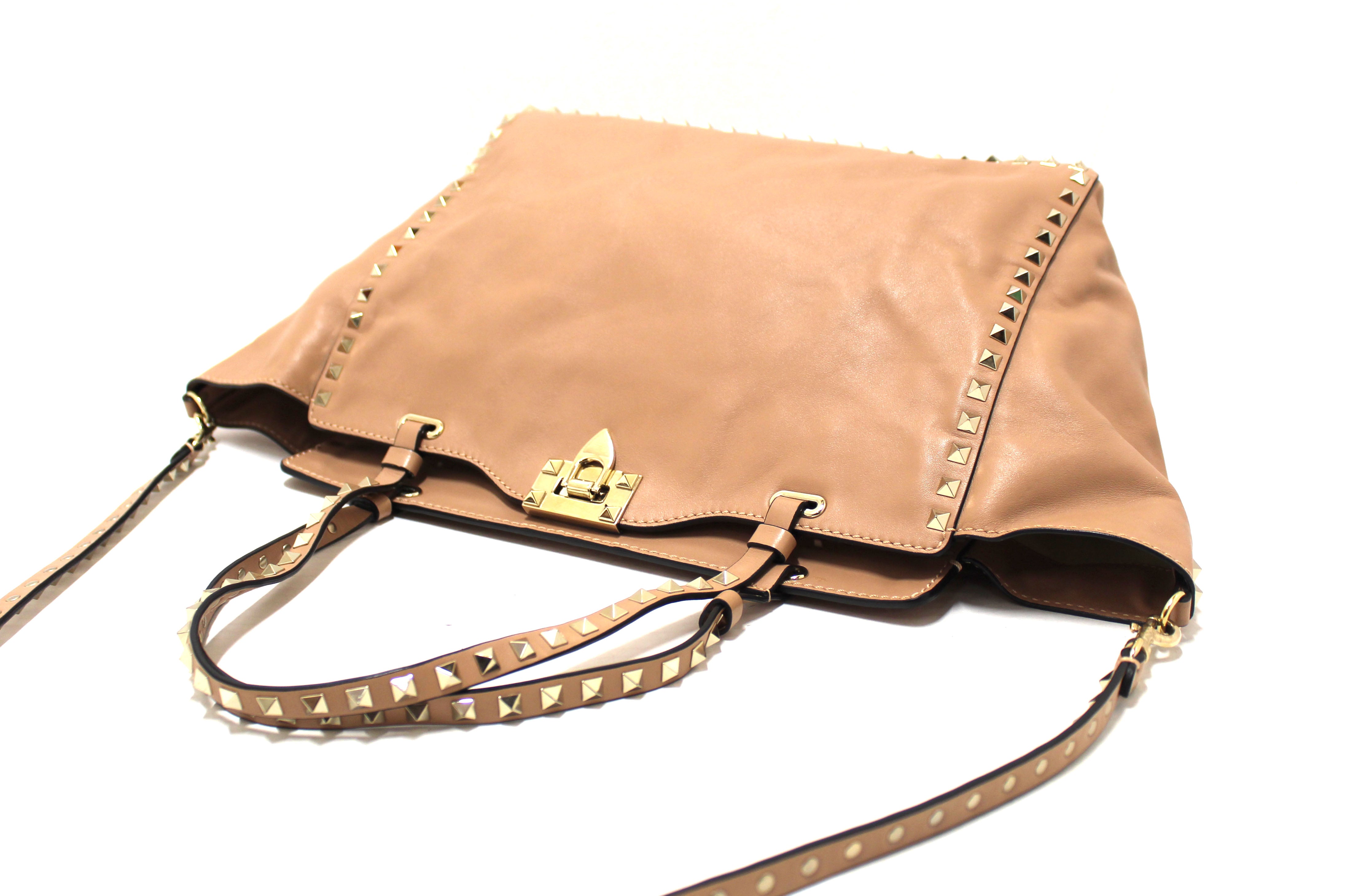 Authentic Valentino Medium Rockstud Beige Nappa Leather Tote Shoulder Bag for Women | Luxury Designer Handbag for Work, Travel & Everyday Use