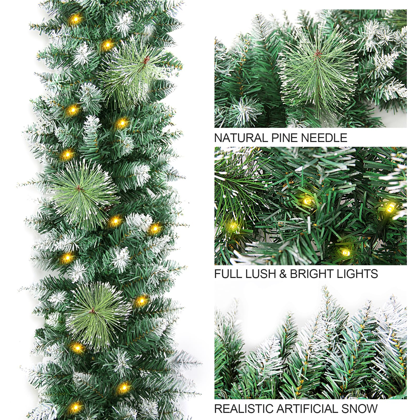 9FT Pre-Lit Christmas Garland with 100 Warm White LED Lights - Battery Operated Snowy Cedar Bristle Garland with Timer - Waterproof Outdoor Christmas Decor for Mantle, Staircase & Holiday Parties