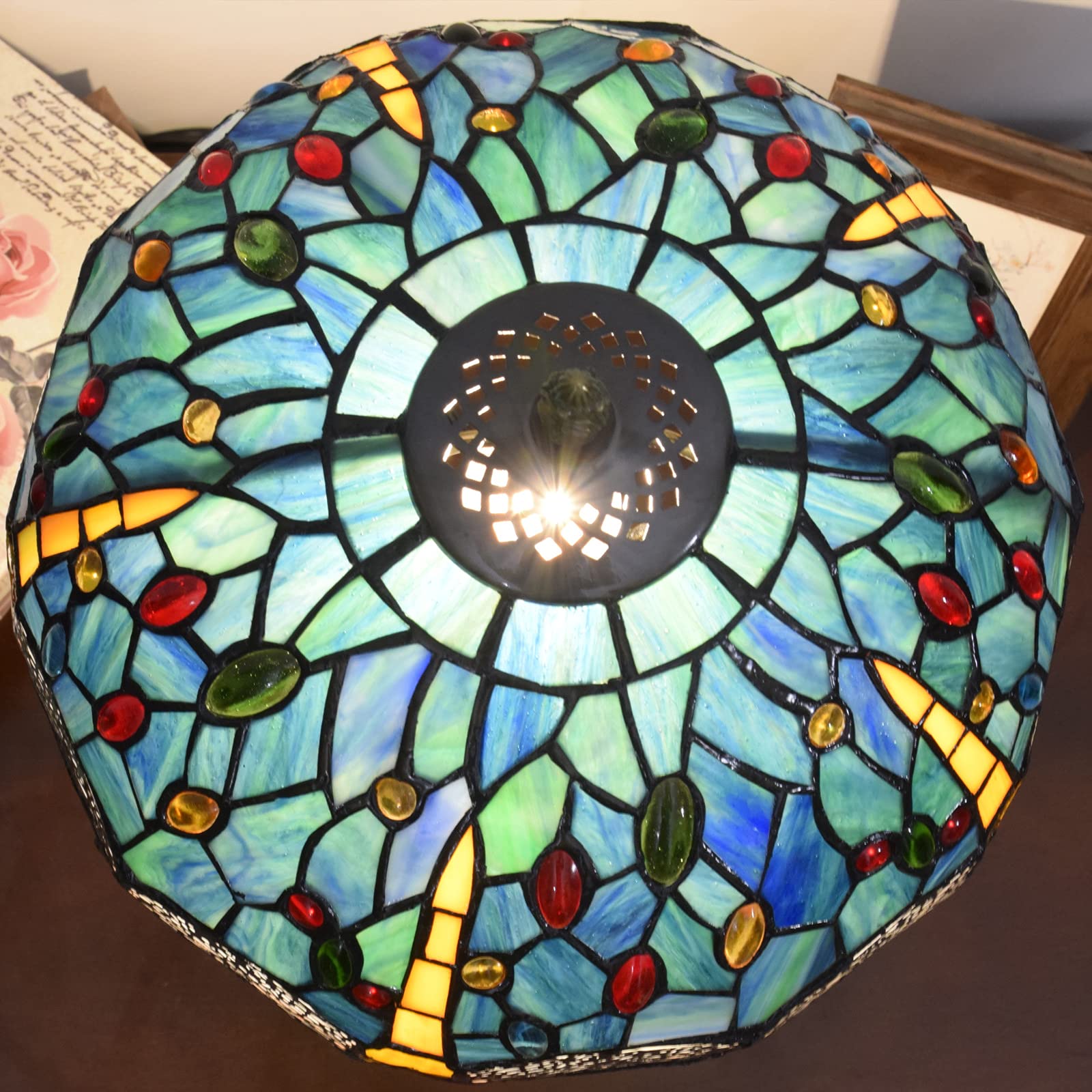 12 Inch Mediterranean Blue Dragonfly Tiffany Table Lamp - European Stained Glass Lampshade for Bedside, Desk & Living Room Decor | Perfect for Bedroom, Coffee Bar & Art Display