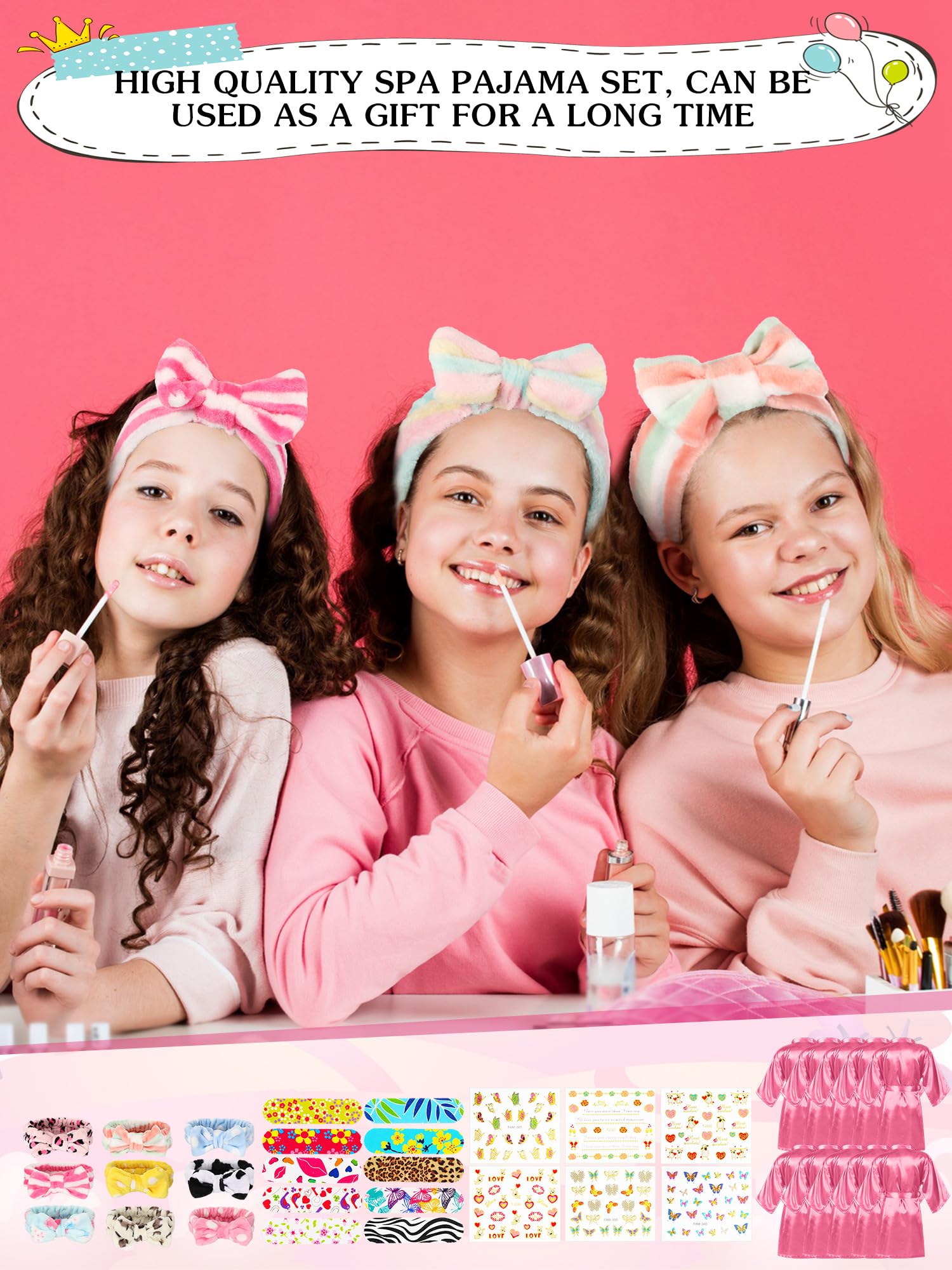 Suhine 10-Piece Girls Spa Party Kit - Kids Satin Robes & Nail Salon Accessories Set - Perfect for Birthday Party Favors, Sleepovers & DIY Spa Nights at Home