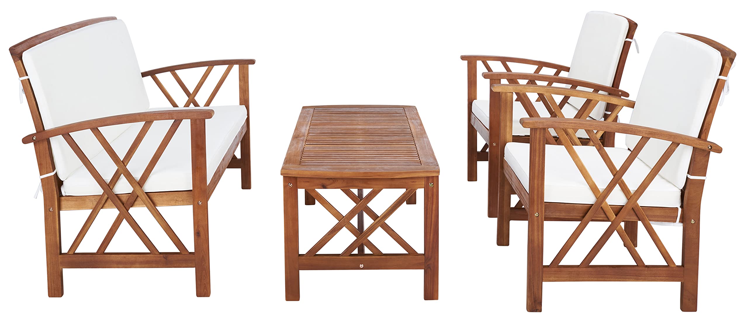 SAFAVIEH Outdoor Fontana 4-Piece Patio Set with Cushions - Natural Beige Wicker Furniture for Garden, Poolside & Backyard Relaxation