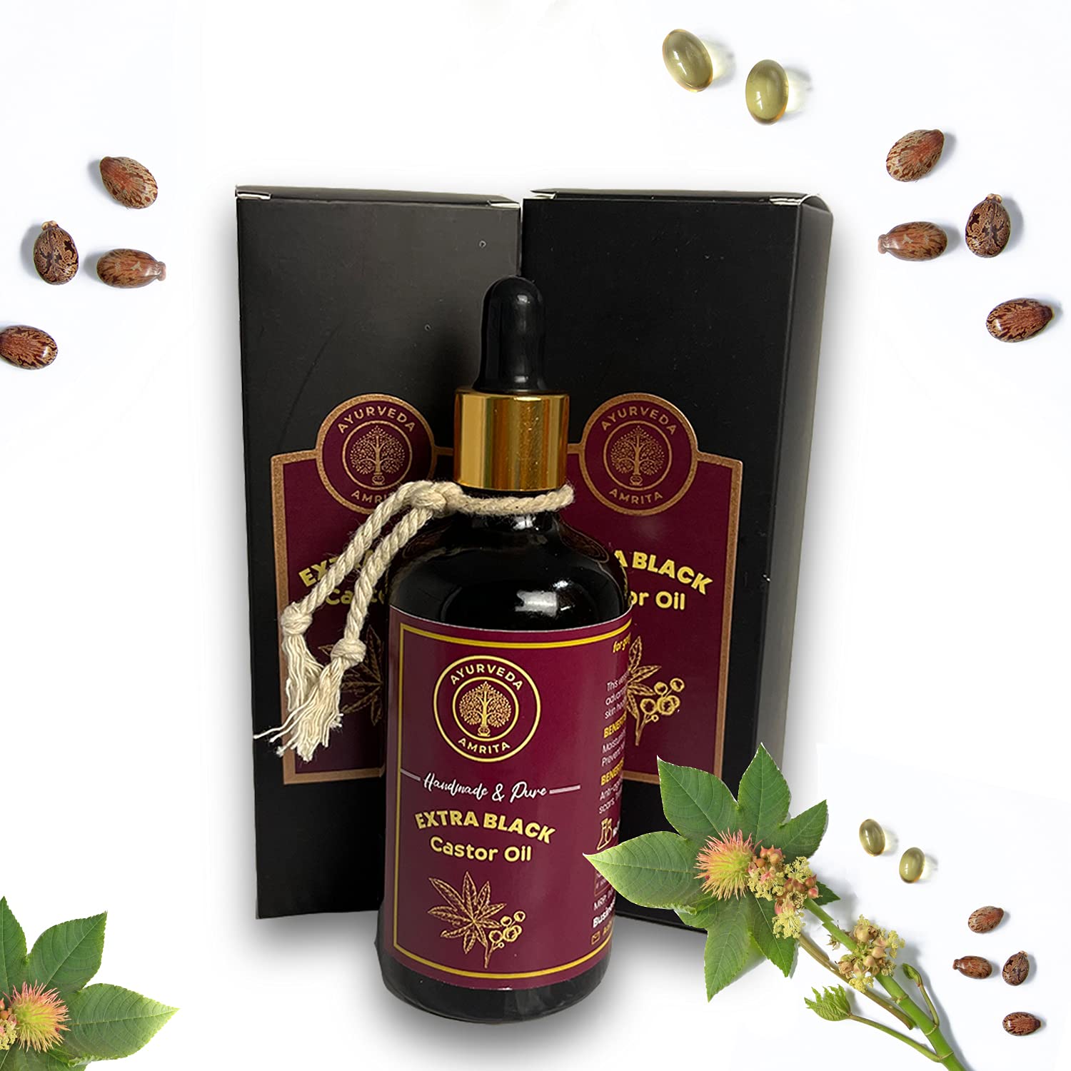 Pure Ayurvedic Amrita Black Castor Oil - 100% Natural Hair Growth Treatment for Hair, Eyebrows & Beard | Promotes Thicker, Longer & Healthier Growth | Perfect for Daily Hair Care, Styling & Grooming Routine
