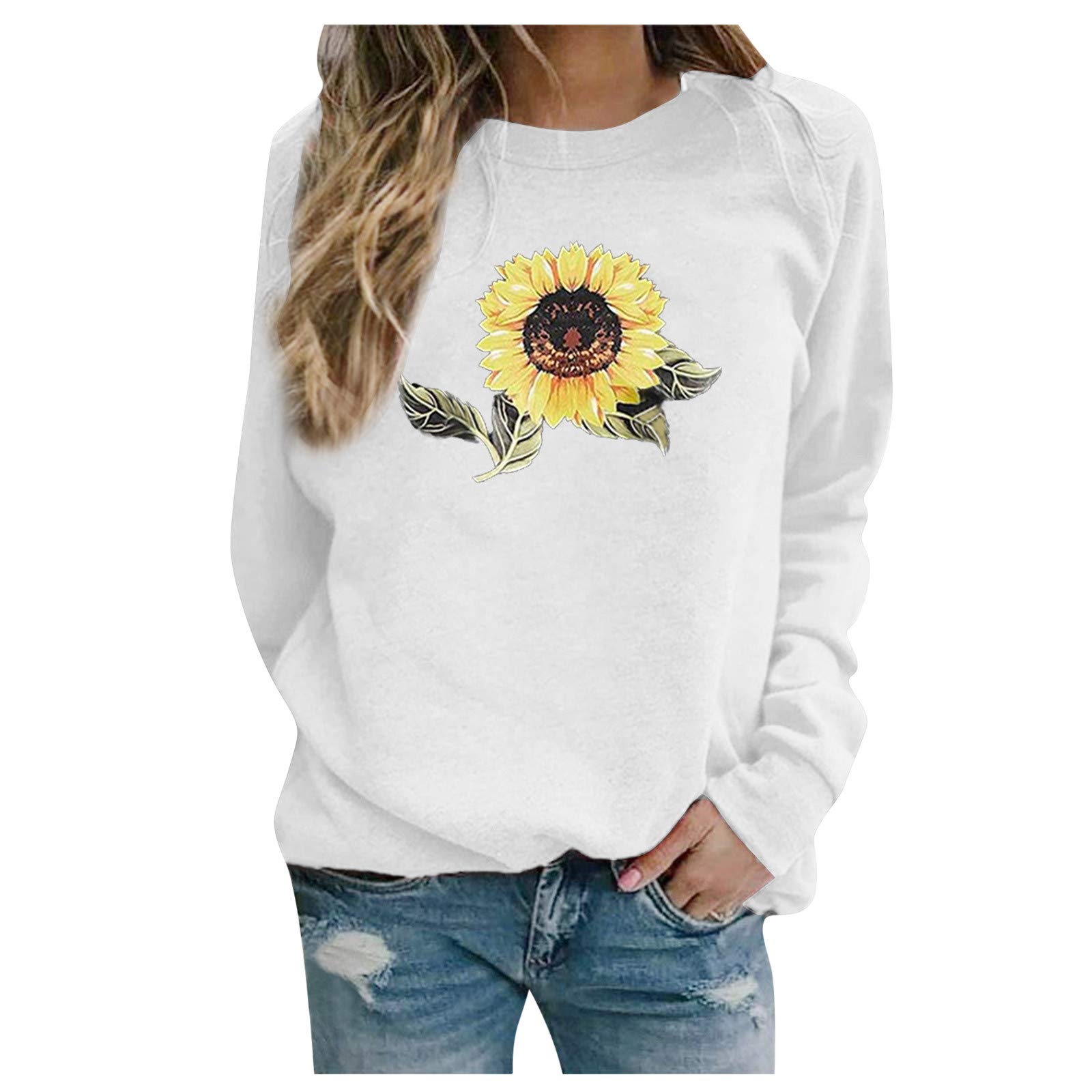 Sunflower Print O-Neck Long Sleeve Sweatshirt for Women - Soft Pullover Cardigan in Brown | Casual Fall Outfit, Cozy Lounge Wear, Street Style Fashion
