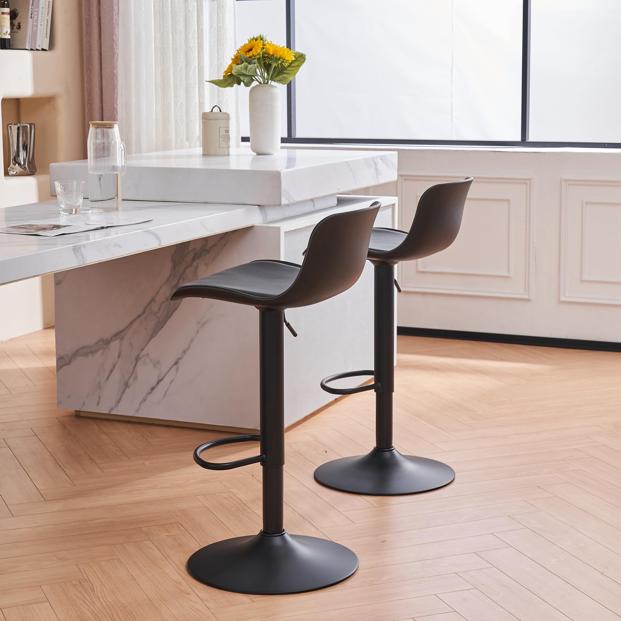 YOUNIKE Bar Stools Set of 2 - Modern Black PU Counter Height Adjustable Swivel Barstools with Padded Seat & Back - Perfect for Kitchen Island, Home Bar & Dining Counter - Comfortable & Stylish Seating Solution