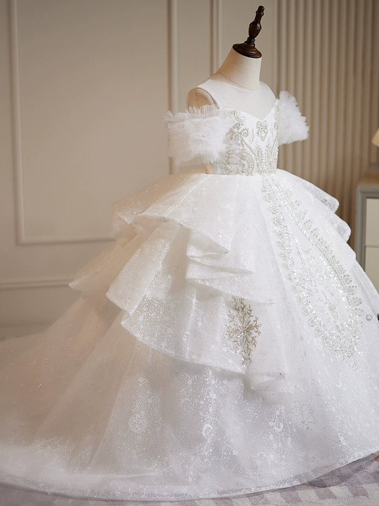 White Princess Round Floor Length Organza Flower Girl Dress - Perfect for Weddings, Baptisms & Special Occasions