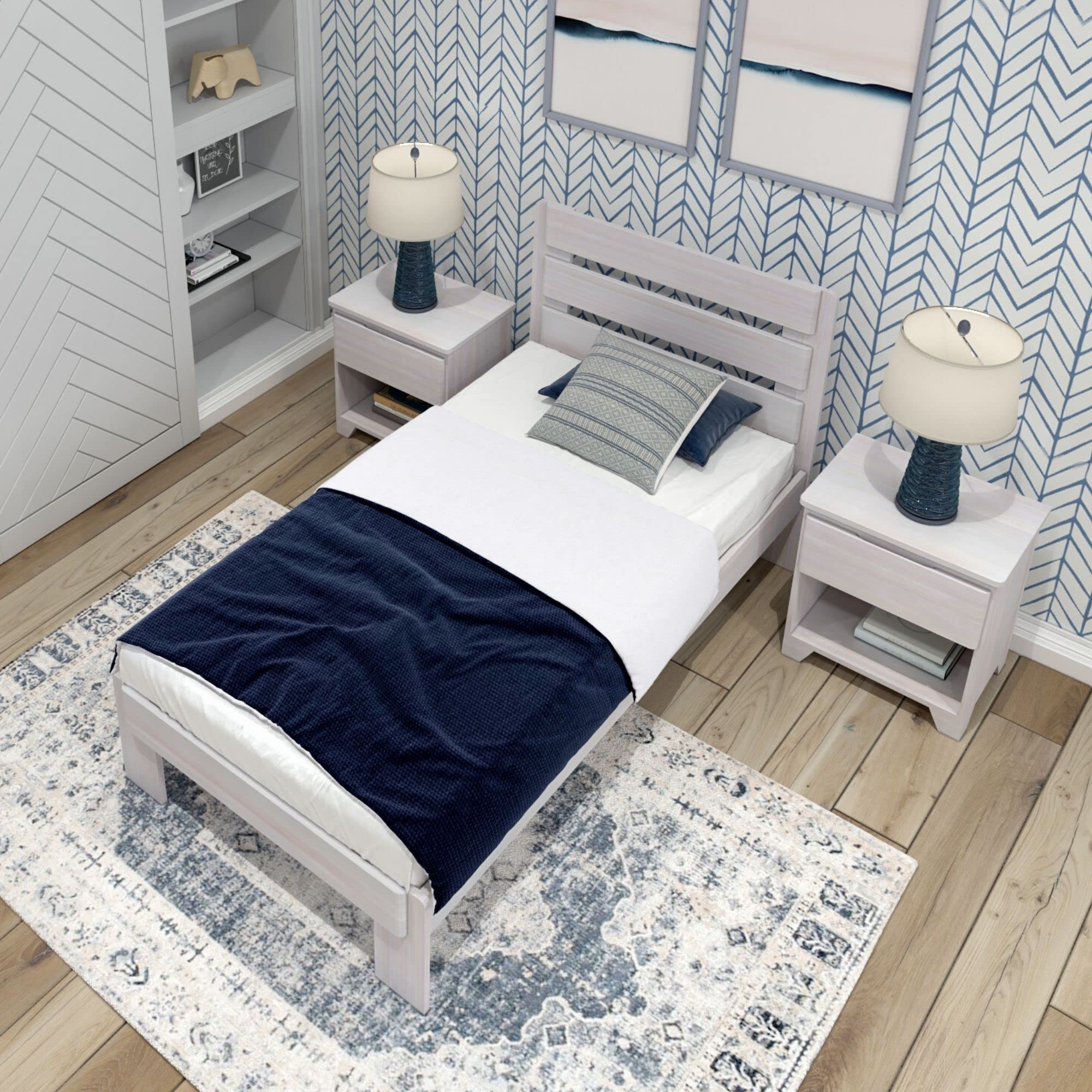 Rustic White Wash Twin Bed Frame with Headboard & Slatted Platform - Solid Wood Plank & Beam Design for Cozy Bedrooms & Guest Rooms
