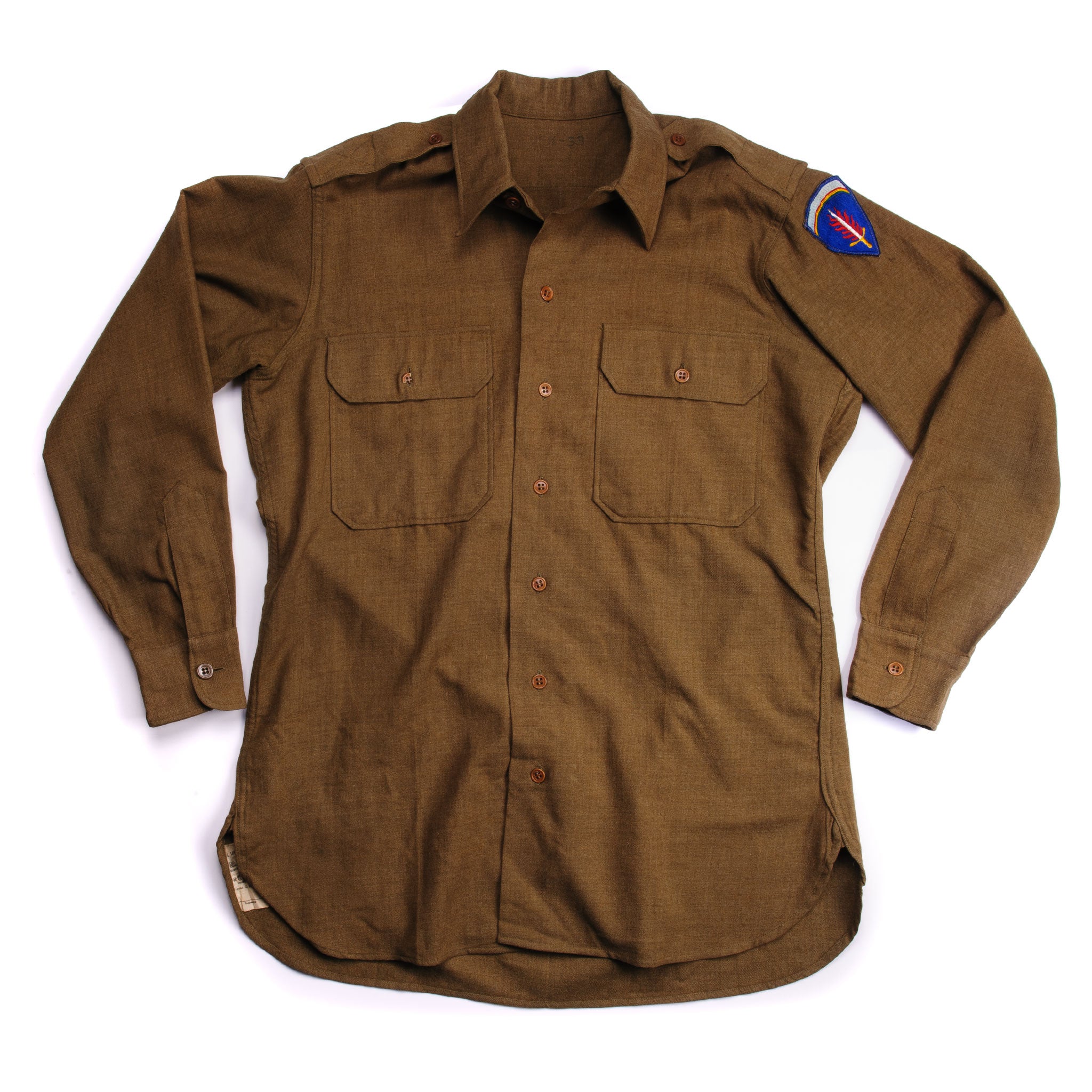 Vintage US Army M-37 Wool Shirt with SHAEF Patch - WWII Military Uniform (1942) - Size 15.5x33 - Authentic Military Collectible for Reenactment & Historical Display